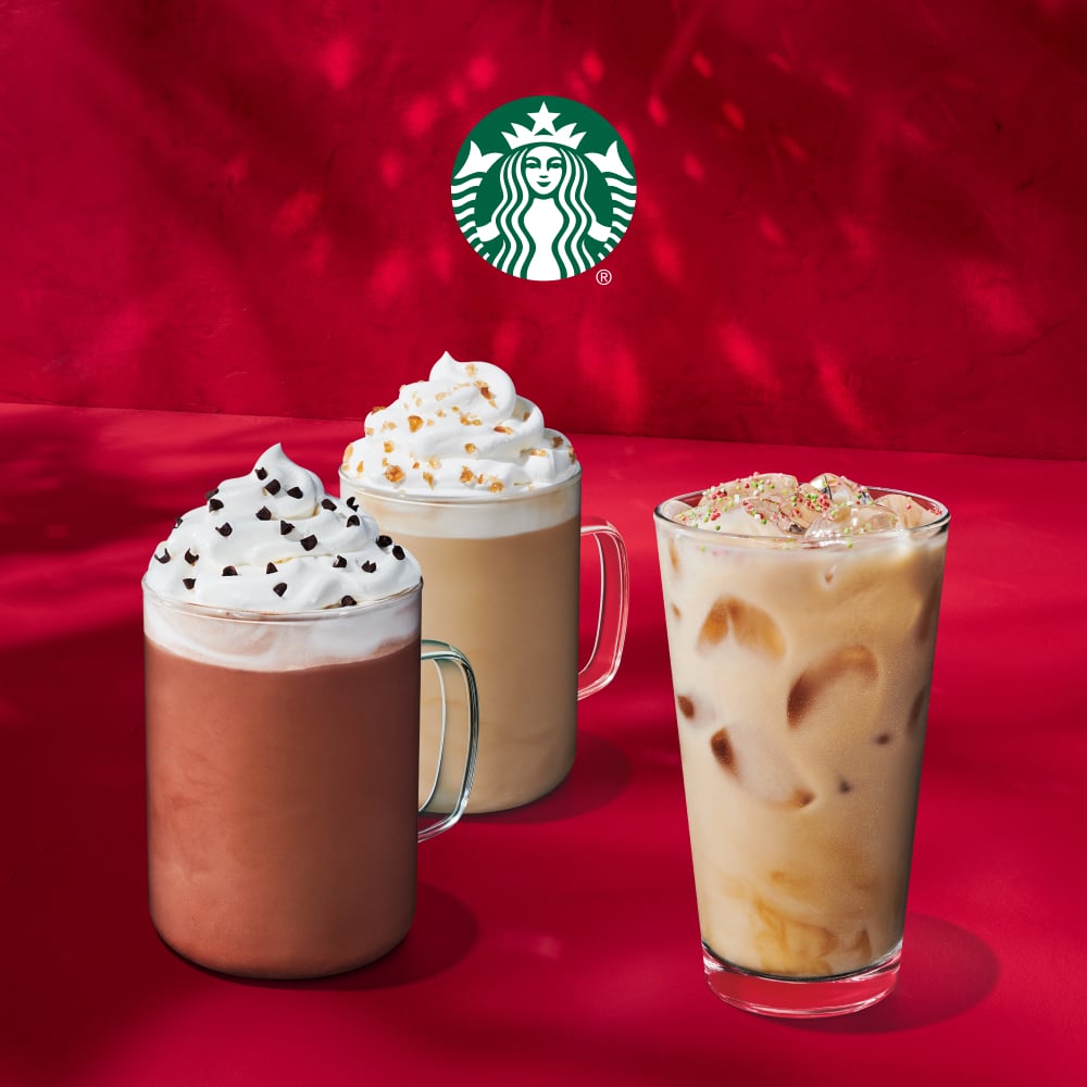 This year’s selection includes long-time favorites, such as the peppermint mocha (left) and Caramel Brulée Latte (center). The Iced Sugar Cookie Latte is on the far right