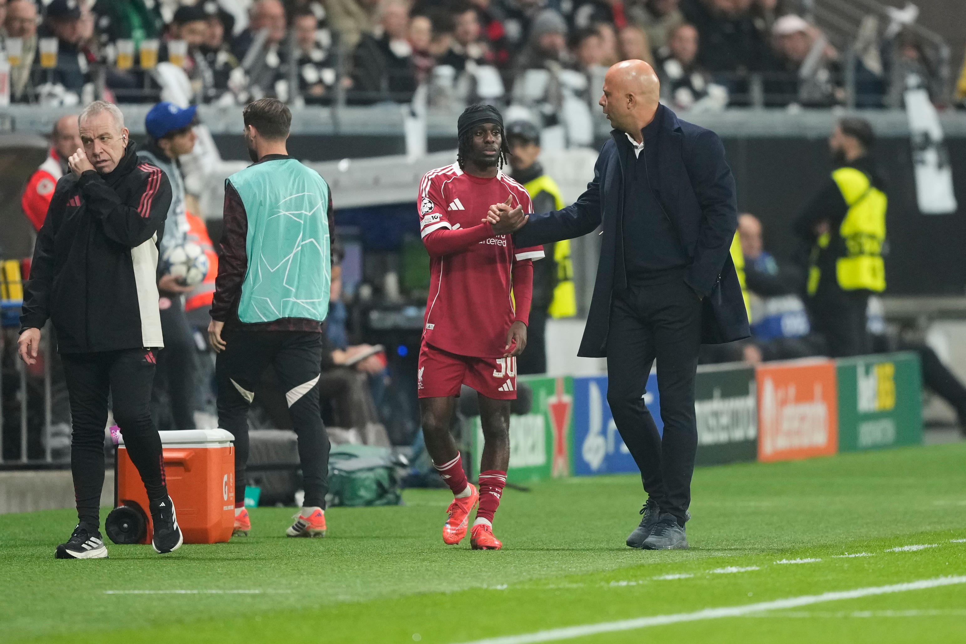 Jeremie Frimpong was forced off with injury for Liverpool (Michael Probst/AP)