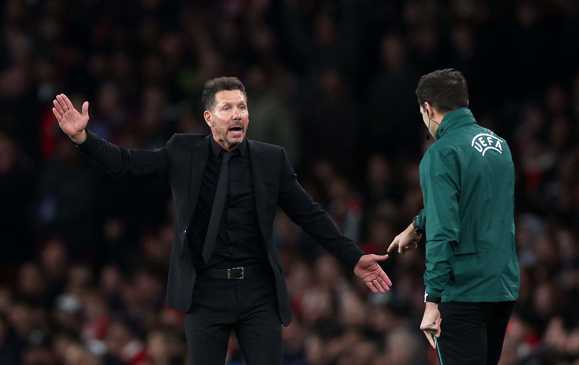 Diego Simeone rages at the fourth official after an early foul