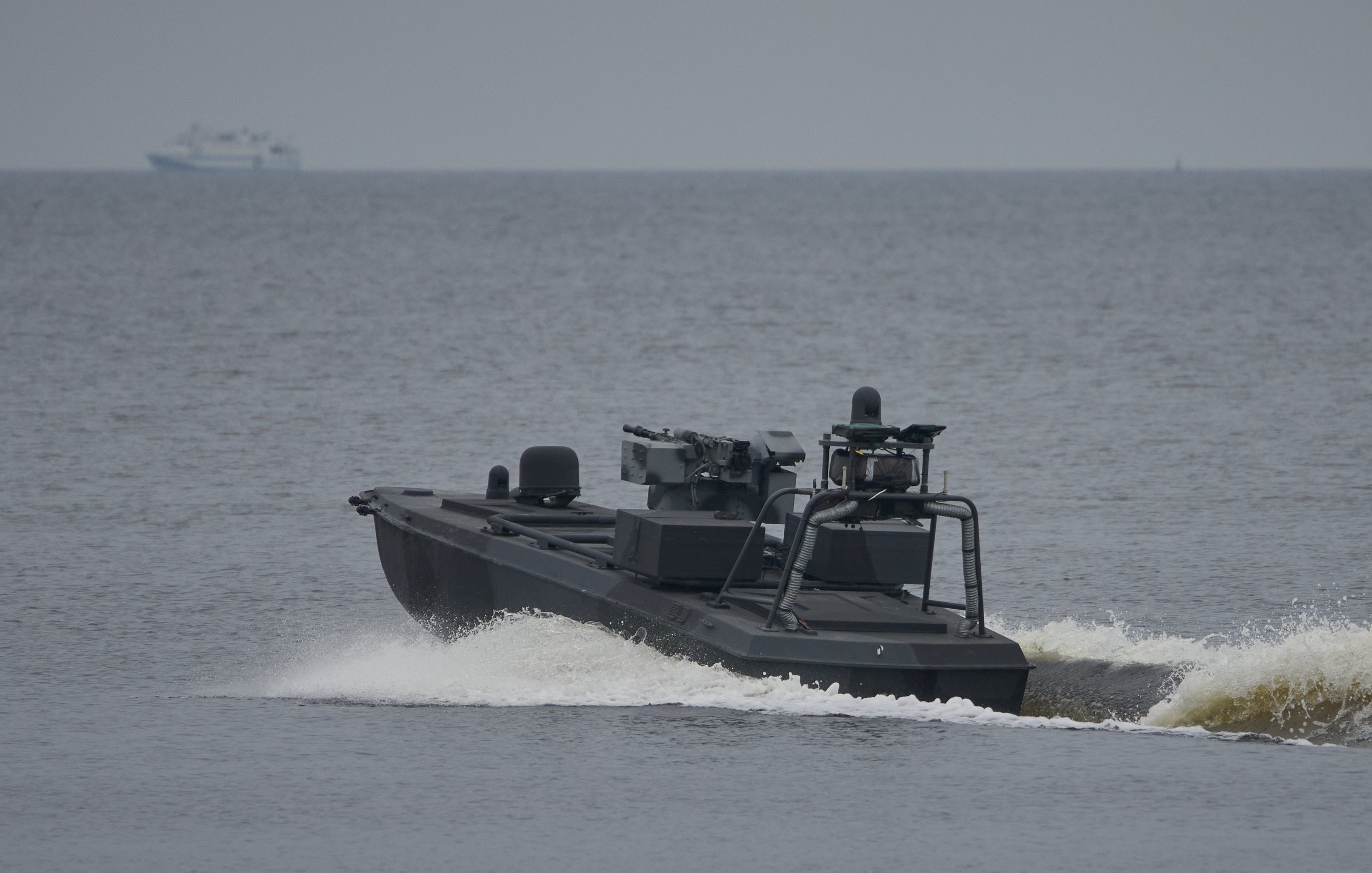 A Sea Baby drone rides on the water during a demonstration by Ukraine's Security Service in an undisclosed location in Ukraine Friday, Oct. 17, 2025. (AP Photo/Efrem Lukatsky)