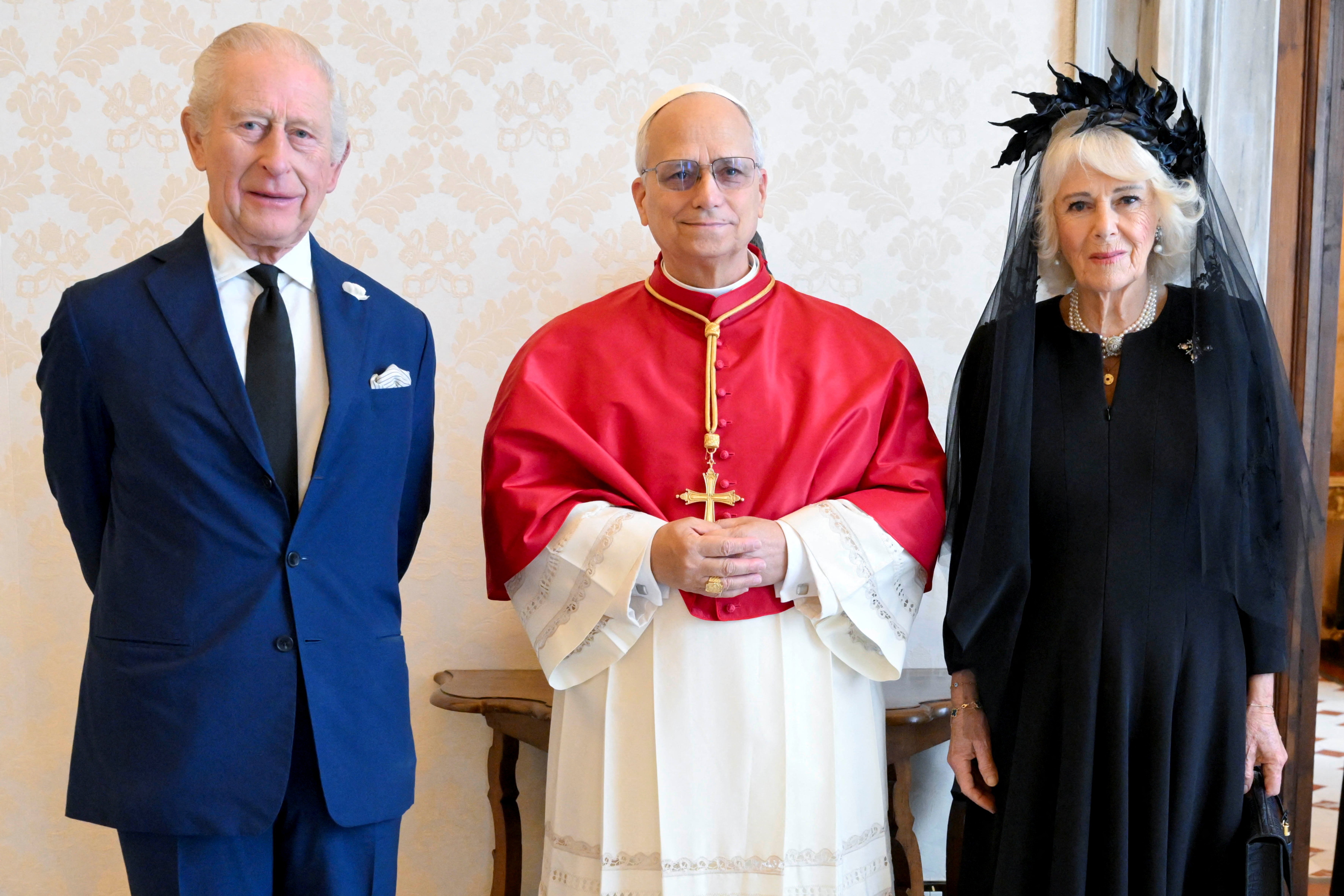 Pope Leo XIV meets with King Charles and Queen Camilla during a private audience at the Vatican on Thursday.