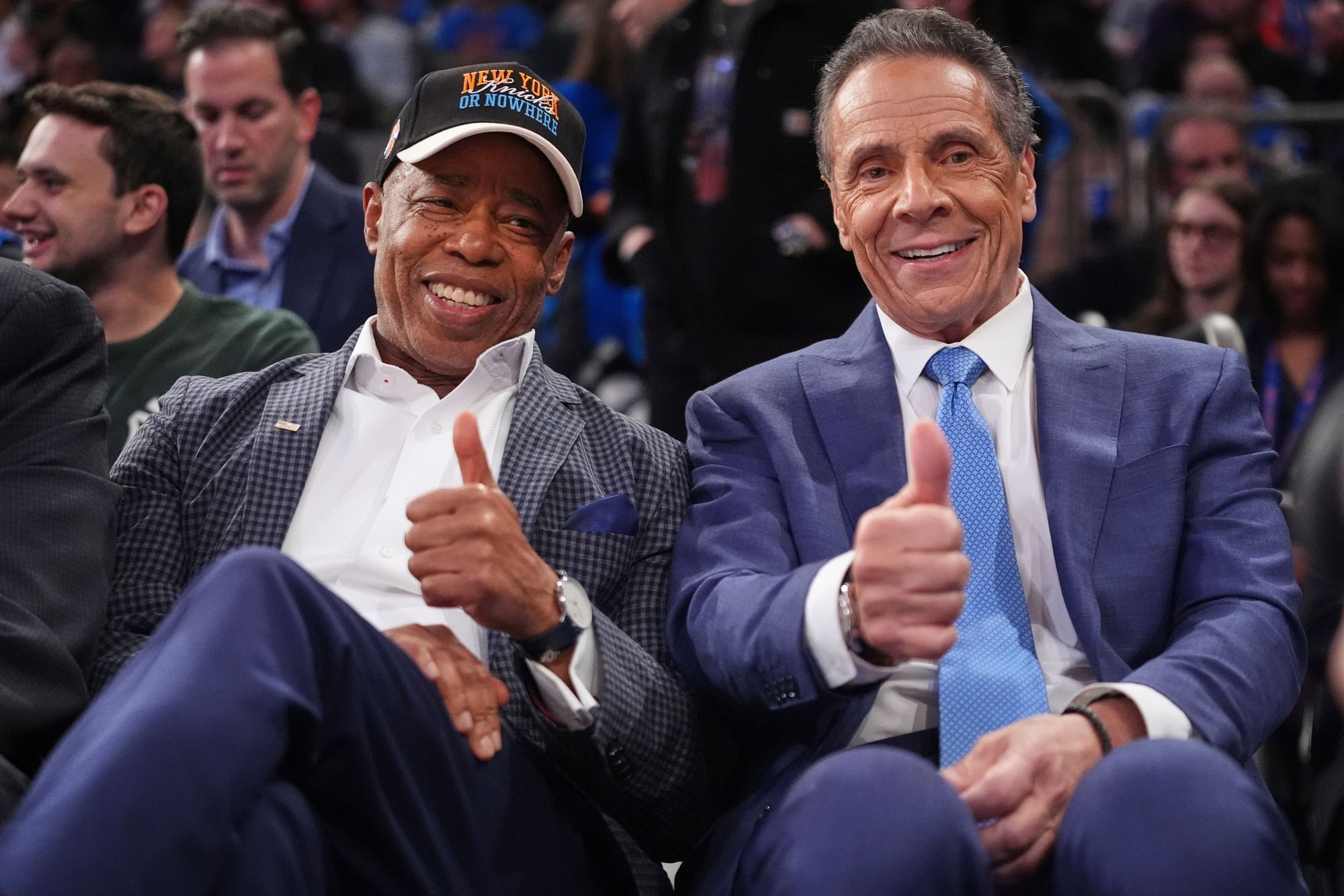 New York City Mayor Eric Adams with former state governor and independent mayoral candidate Andrew Cuomo at the NBA game between the New York Knicks and the Cleveland Cavaliers at Madison Square Garden on Wednesday October 22 2025