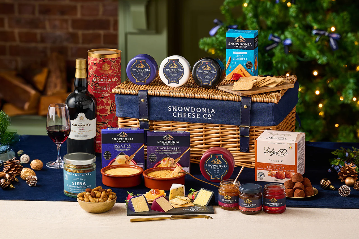 Snowdonia Cheese Company cheese and port wicker hamper