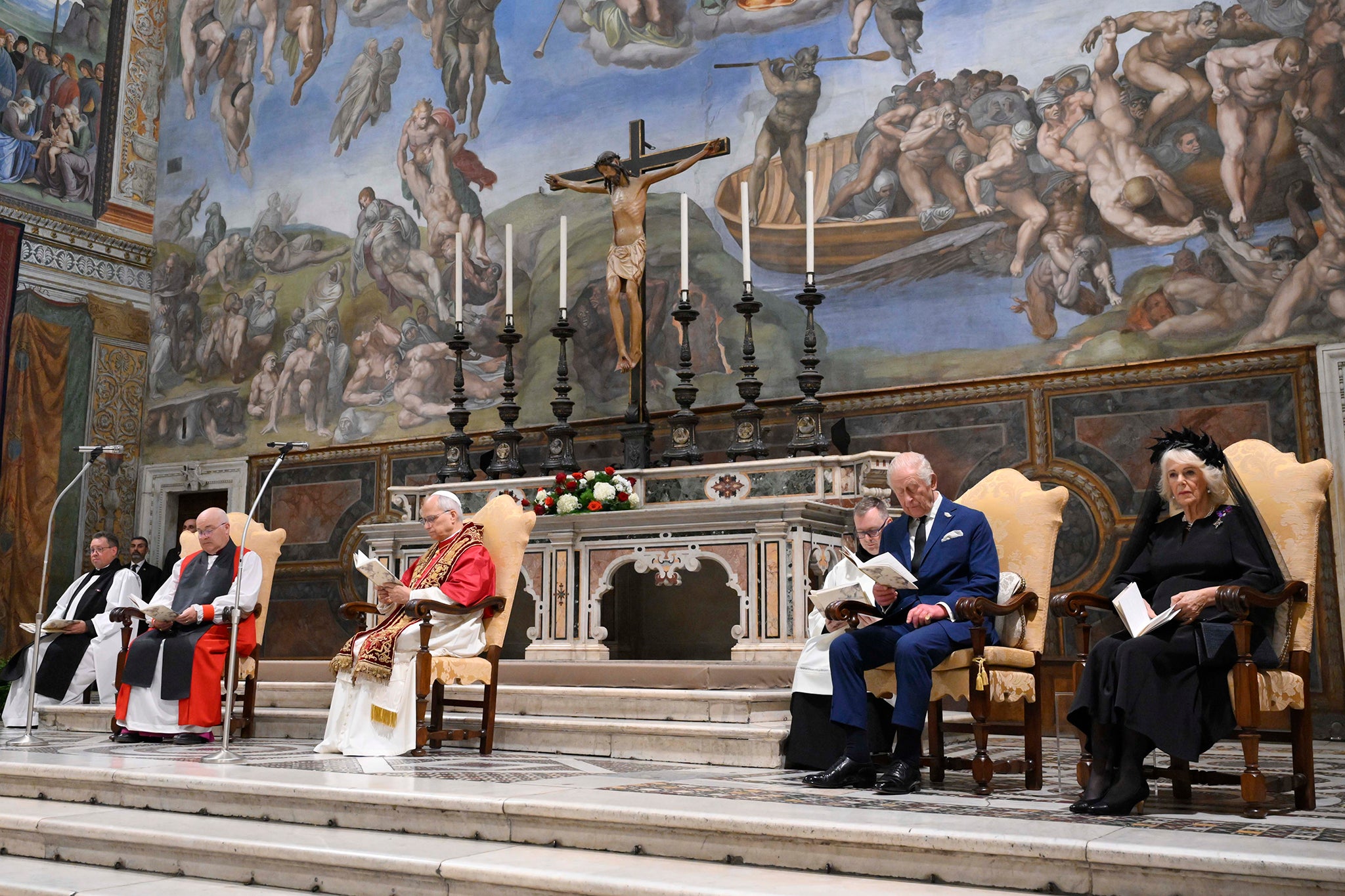 (left to right) Archbishop of York Stephen Cottrell, Pope Leo XIV, King Charles III and Queen Camilla attending an ecumenical service at the Sistine Chapel in Vatican City