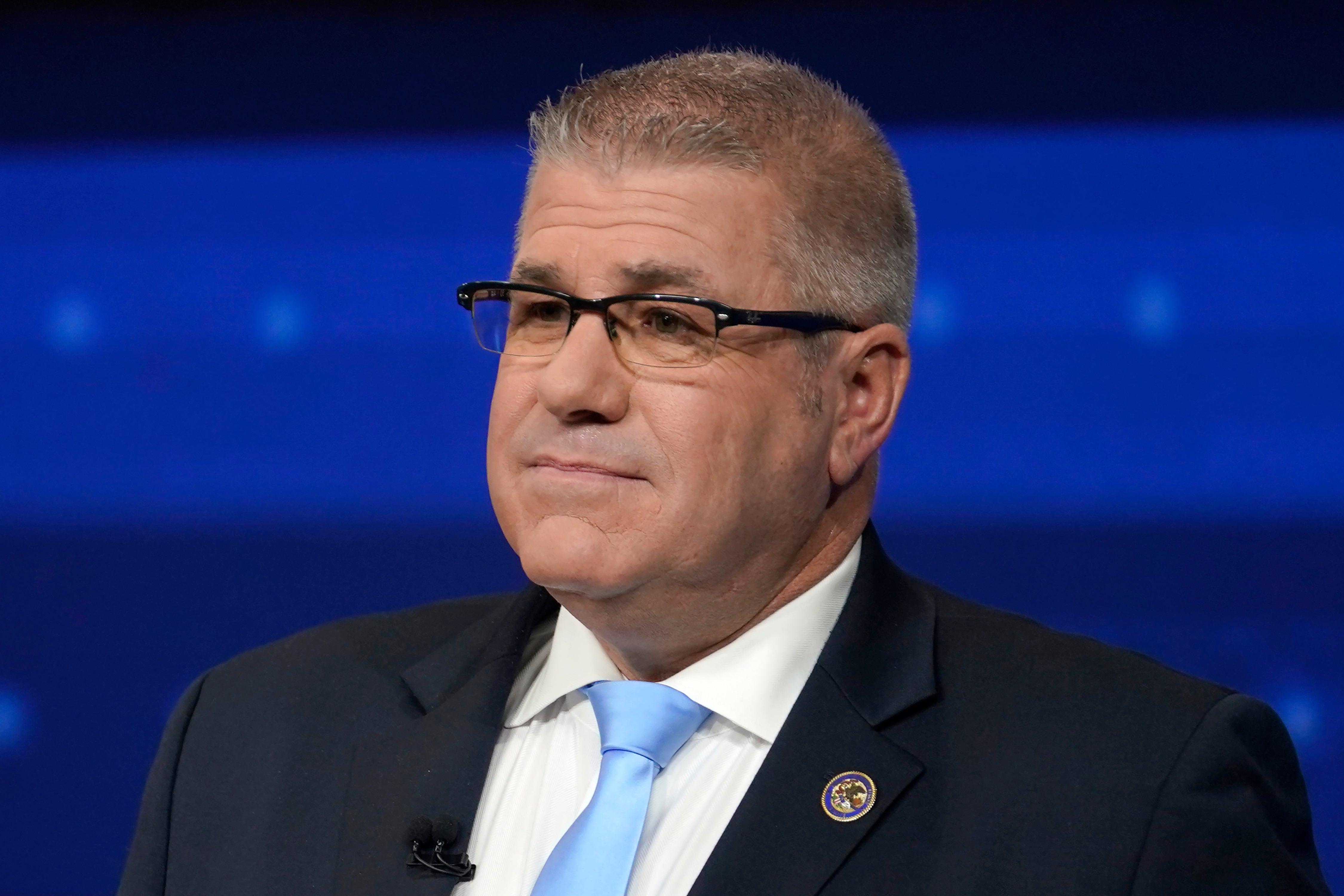 Republican gubernatorial challenger state Sen. Darren Bailey participates in a debate, on Oct. 18, 2022, in Chicago. (AP Photo/Charles Rex Arbogast, File)