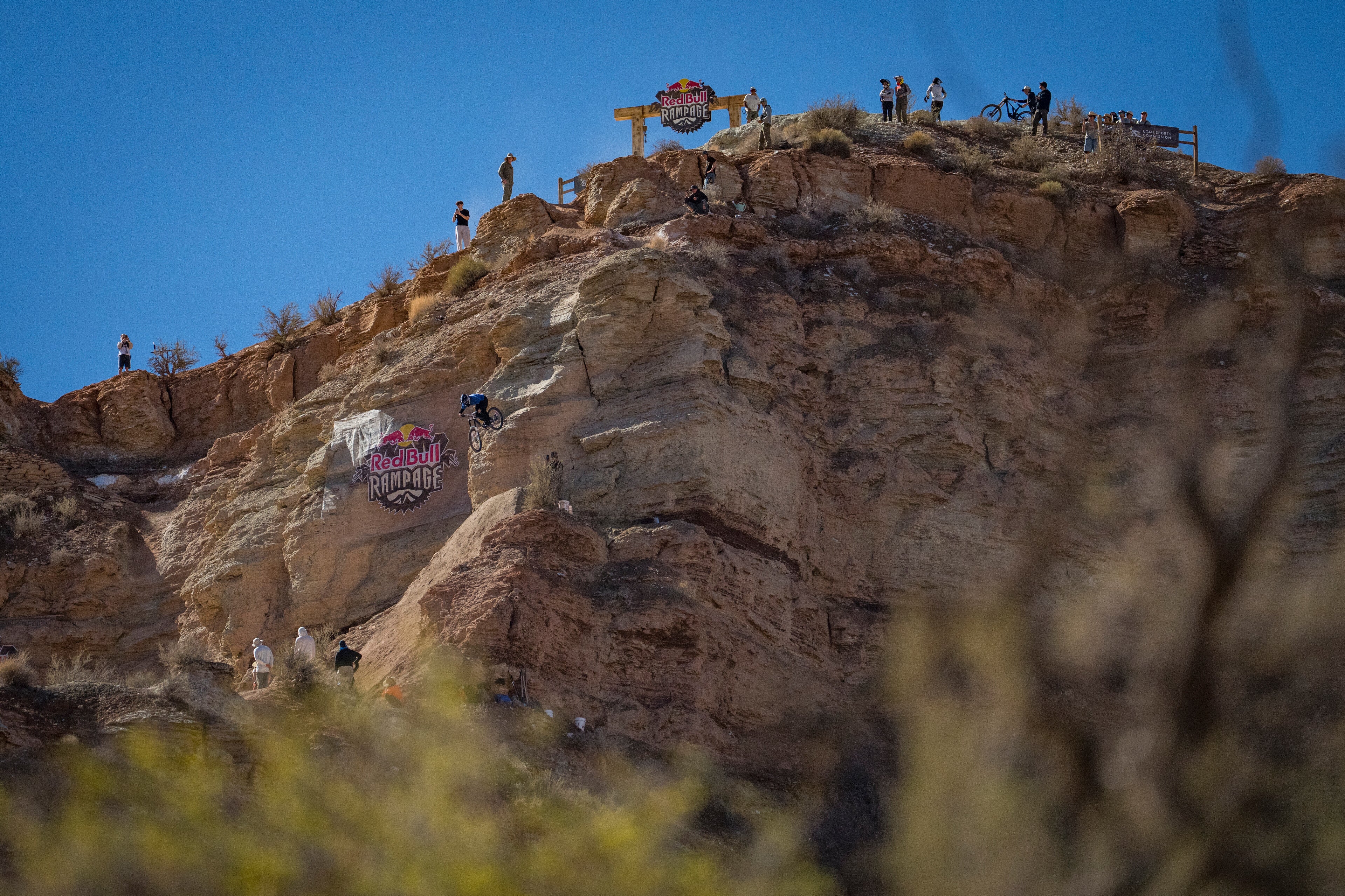 Riders dropped in from a start gate at the top of the course