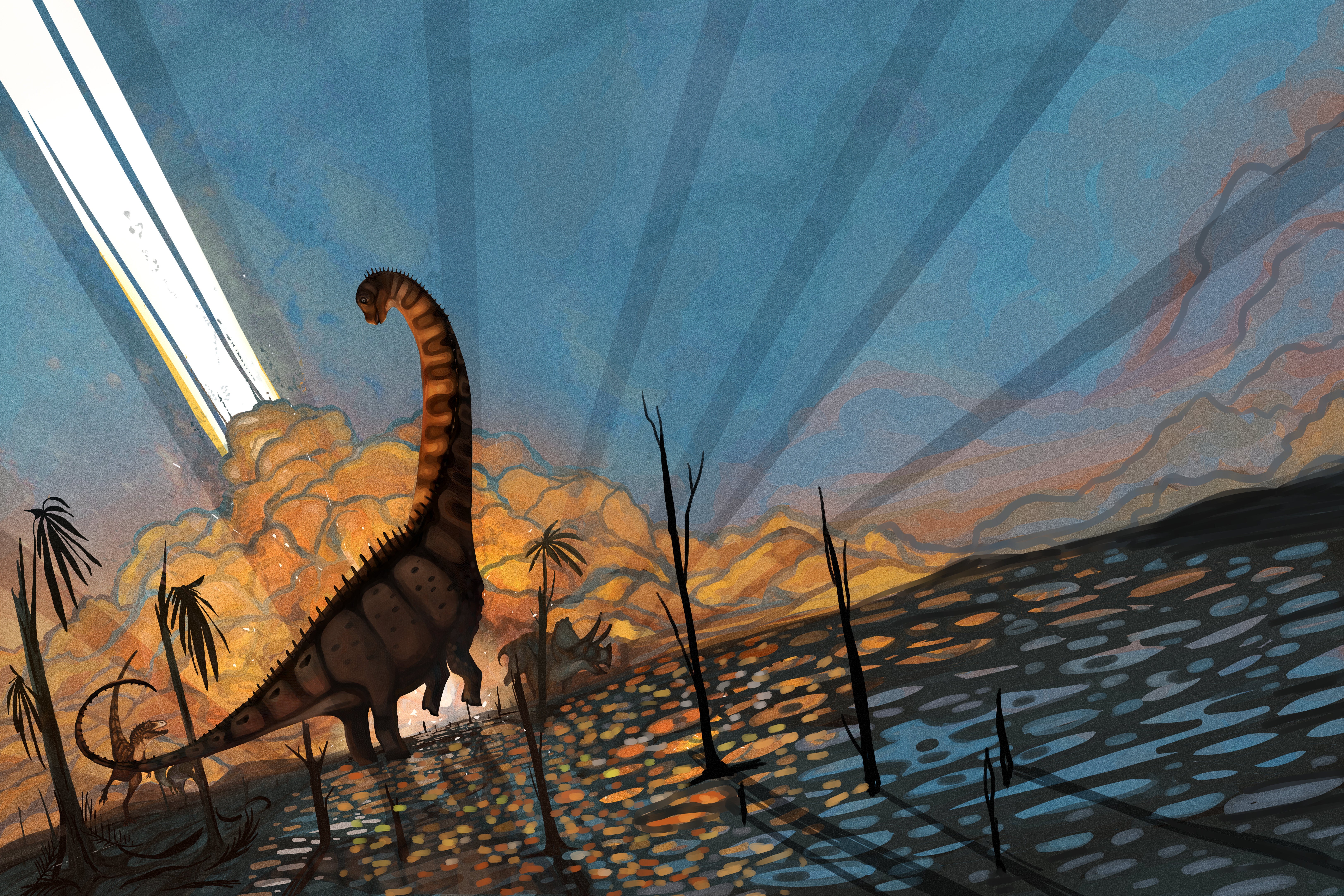 This illustration provided by researchers depicts an Alamosaurus sanjuanensis in southern North America as an asteroid hits the Earth 66 million years ago, causing mass extinction.