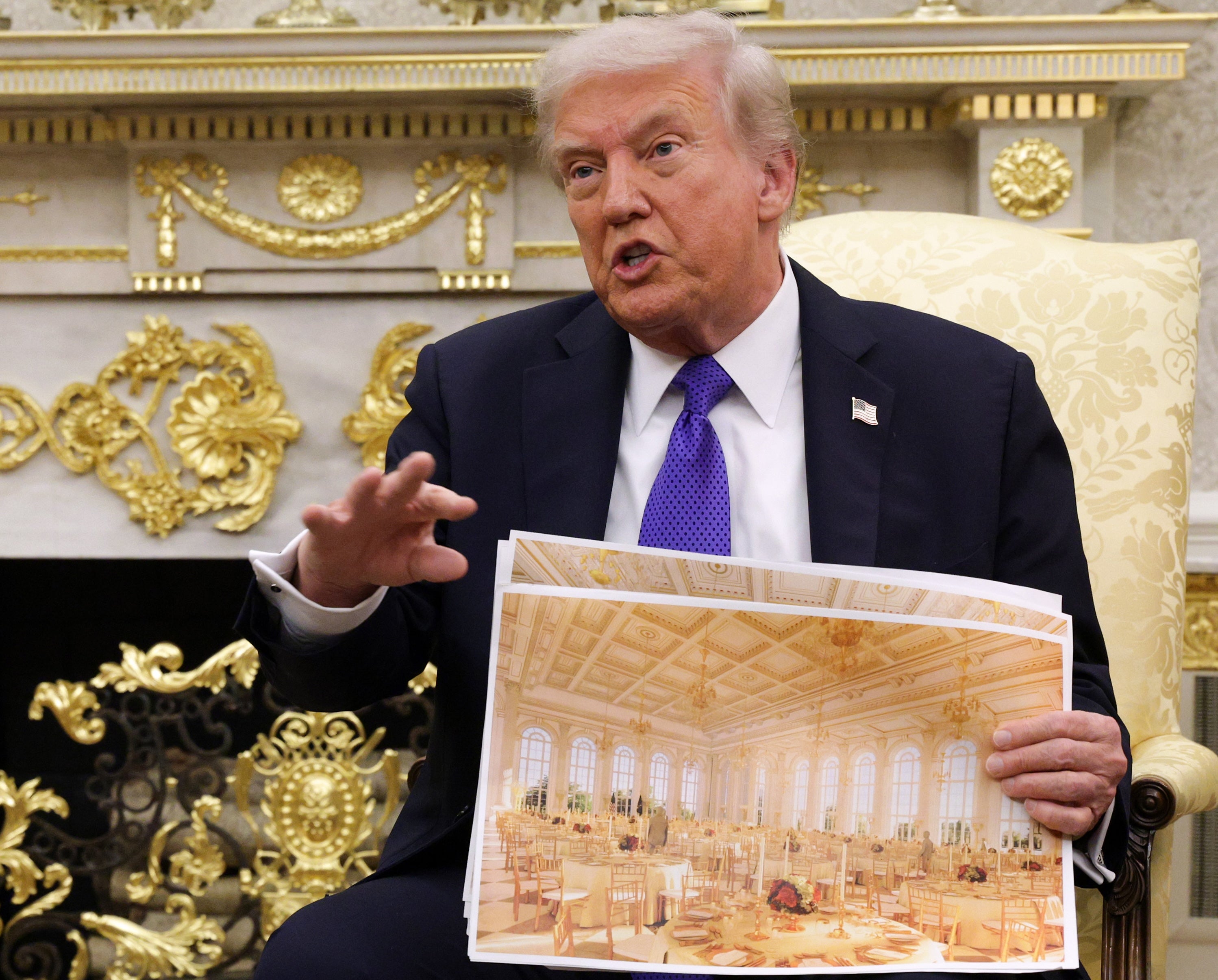 Trump with plans for his new ballroom in the Oval Office, which he has festooned with golden decorations, part of his aesthetic overhaul of the White House