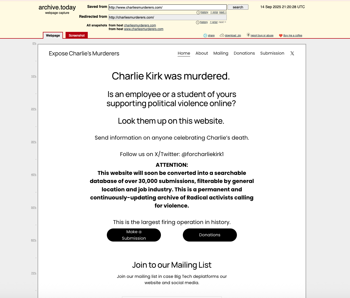 The domain www.charliesmurderers.com has gone dark but is still visible via online archive