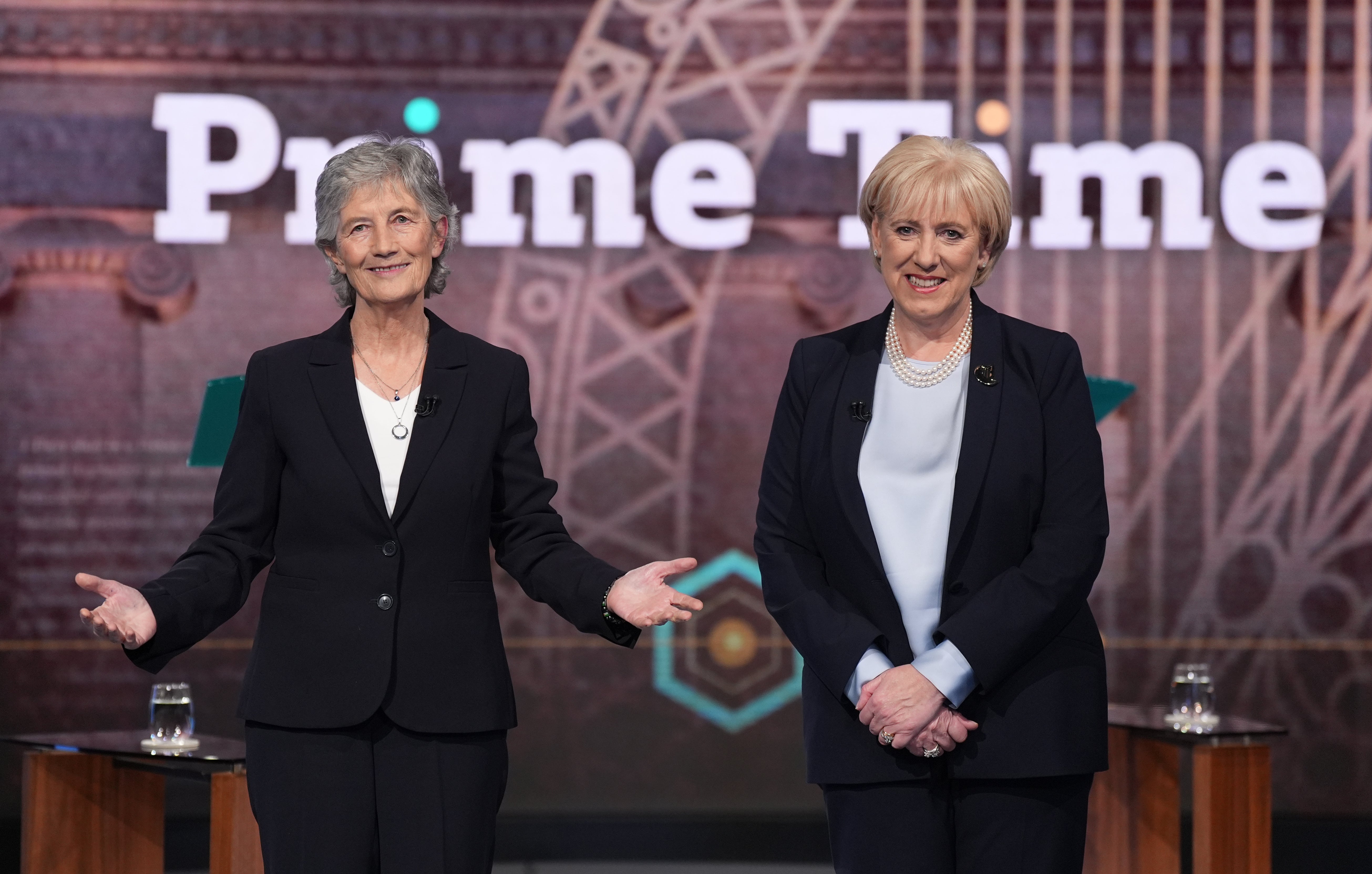 Independent candidate Catherine Connolly (left) and Fine Gael candidate Heather Humphreys take part in the final debate of the Irish presidential election campaign (Niall Carson/PA)