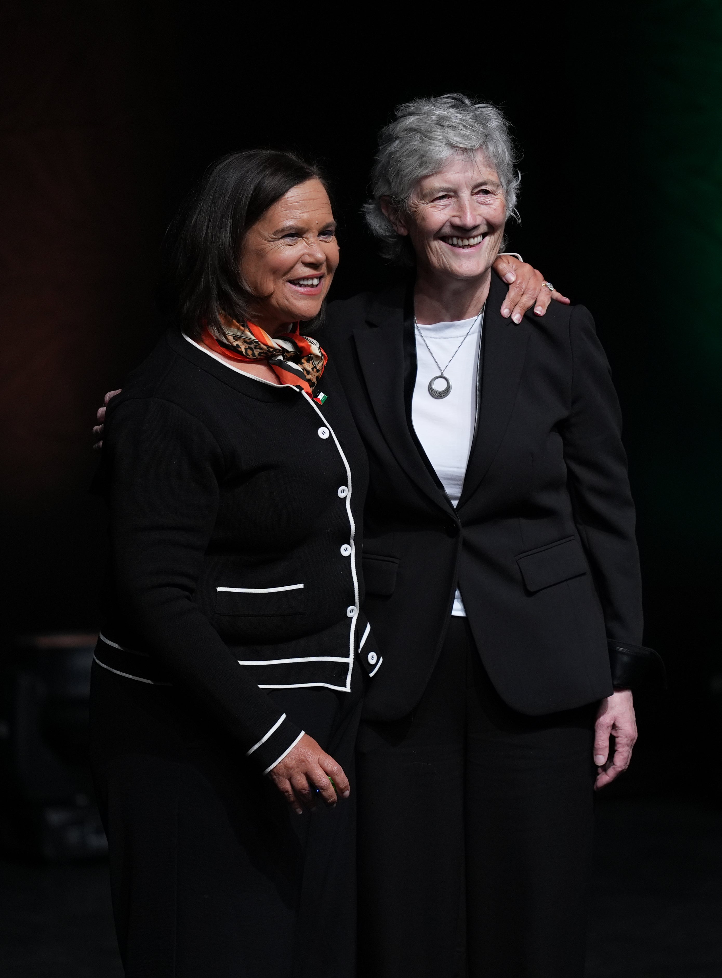 Sinn Fein leader Mary Lou McDonald (left) and presidential candidate Catherine Connolly speaking at the party’s Building for Unity national conference (Niall Carson/PA)