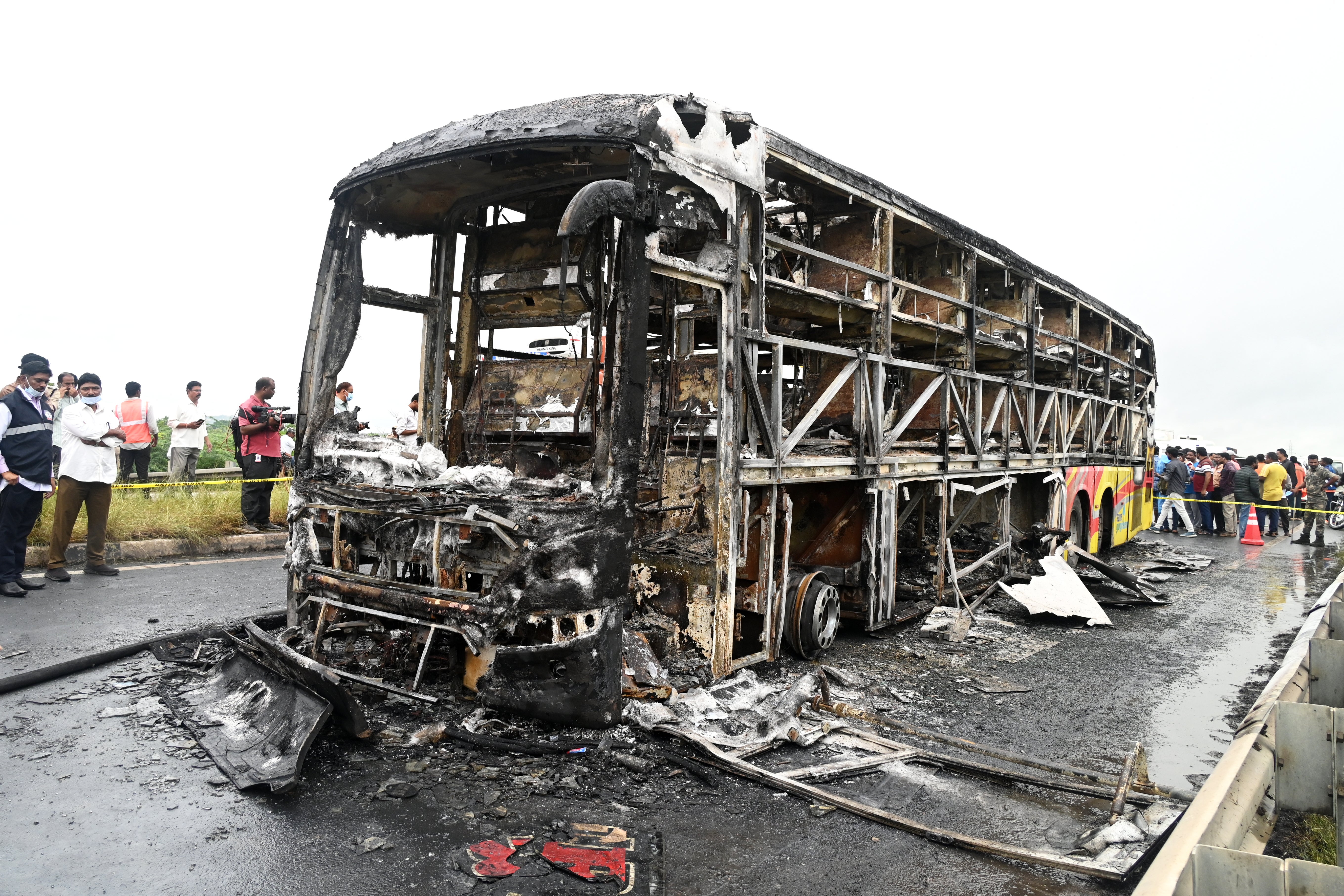 The deadly blaze began when a motorcycle collided with the bus