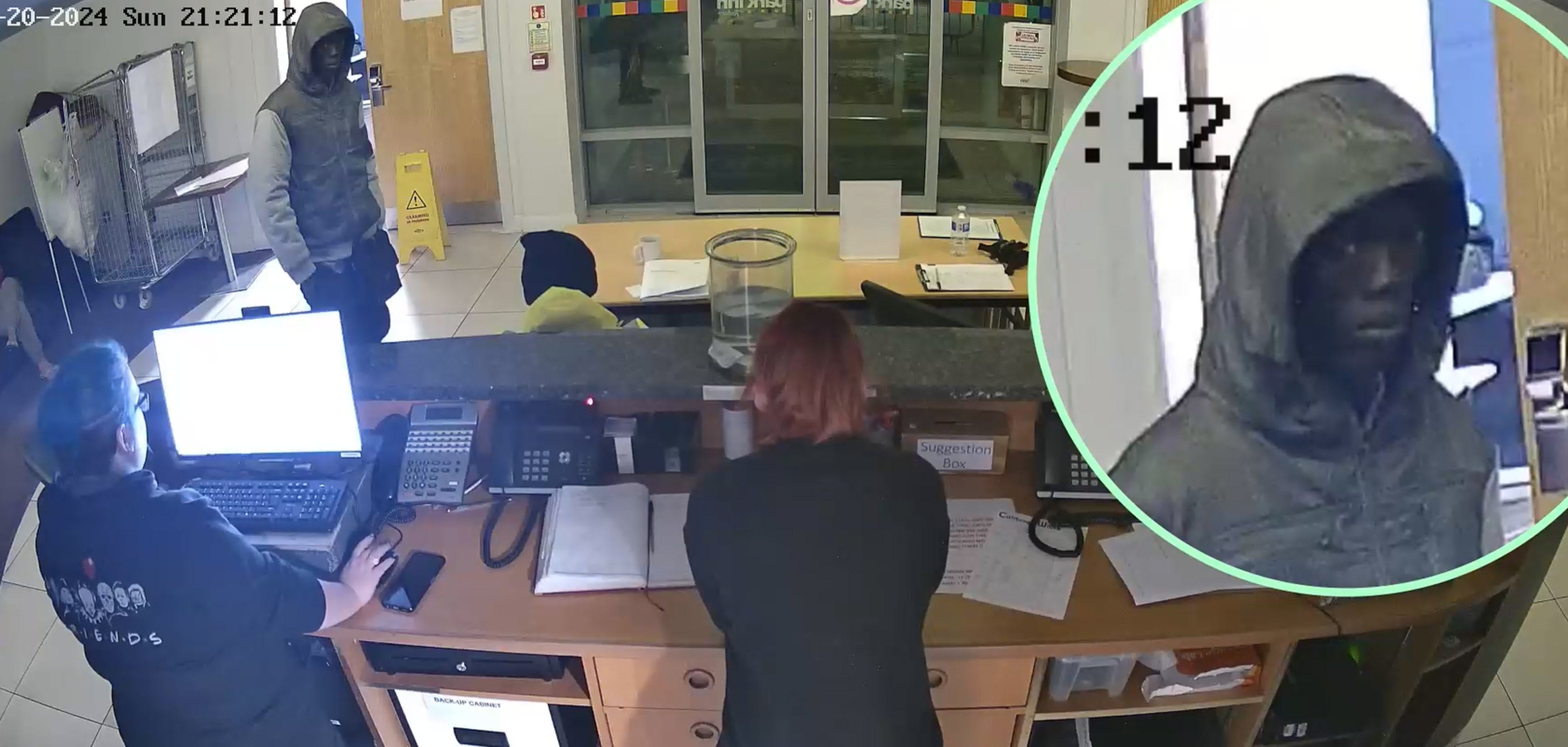 CCTV from Walsall’s Park Inn Hotel alleged to show Deng Chol Majek staring at Rhiannon Whyte (left) and a female colleague less than an hour before Whyte was stabbed