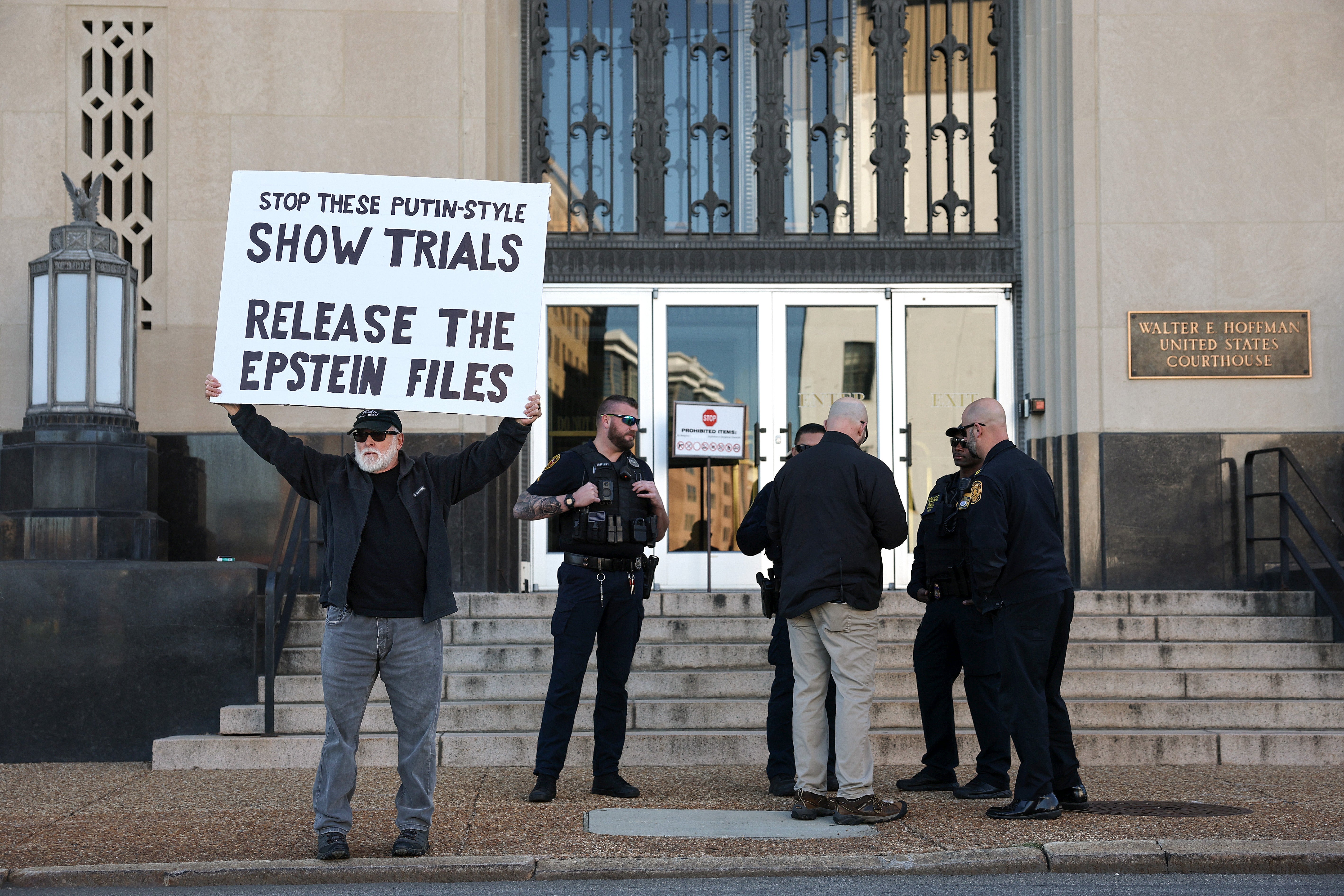 Demonstrators outside a federal courthouse in Norfolk, Virginia, protested a case against Letitia James during her brief arraignment October 24