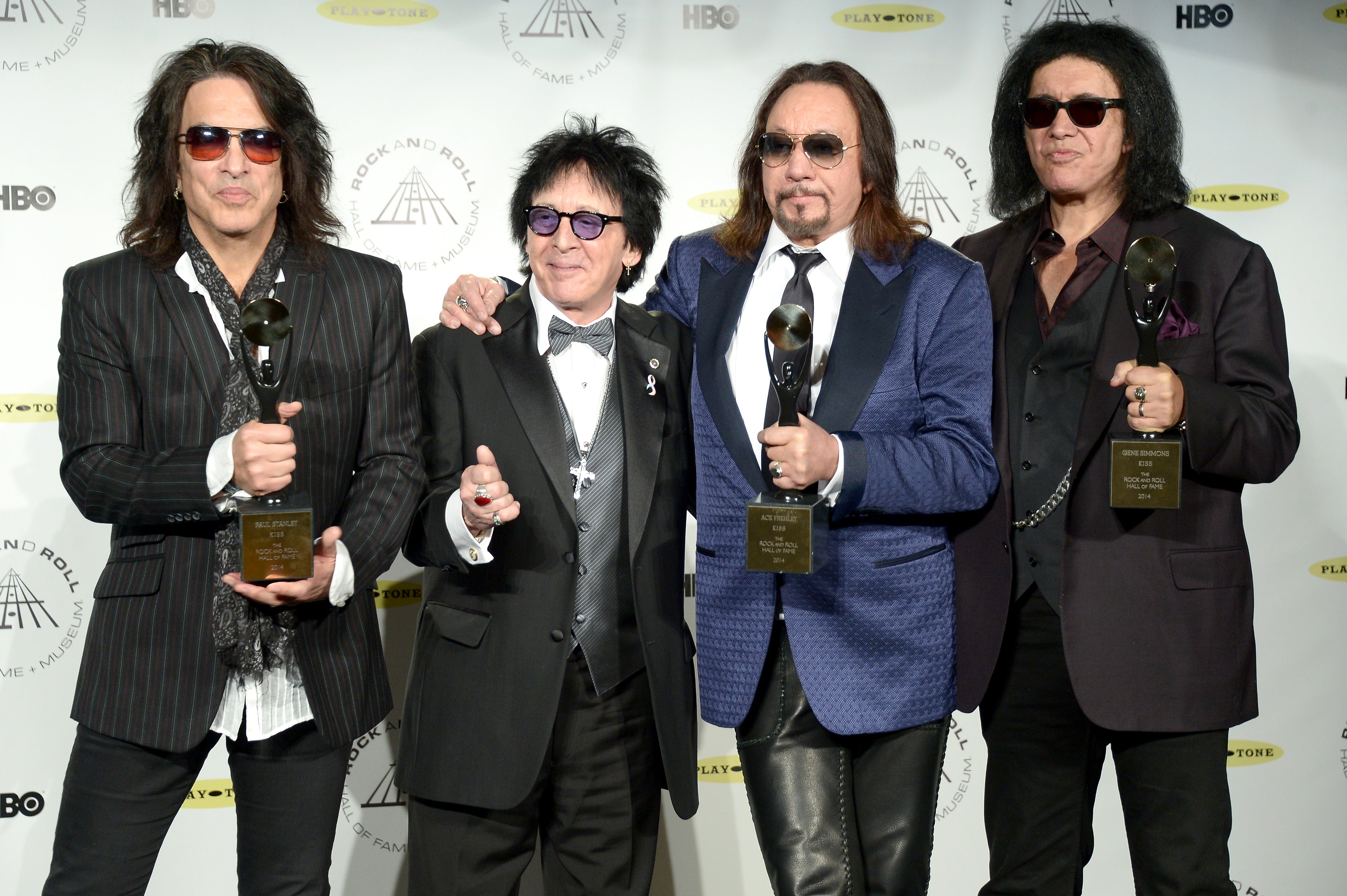 (L-R) Paul Stanley, Peter Criss, Gene Simmons and Ace Frehley of KISS at the band's 2014 induction into the Rock and Roll Hall of Fame