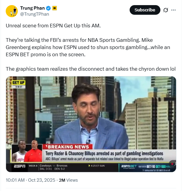 Screenshots of ESPN's Mike Greenberg talking about the NBA gambling scandal while the network aired a promo for a sports betting app went viral on social media.