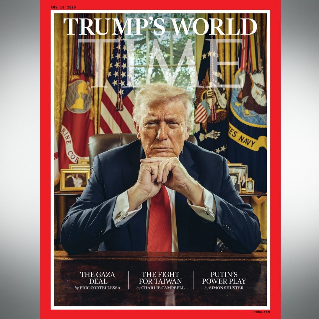 The image, released ahead of the print issue’s publication next week, shows the president with hands clasped leaning over the Resolute Desk, and he is framed between two flags behind him