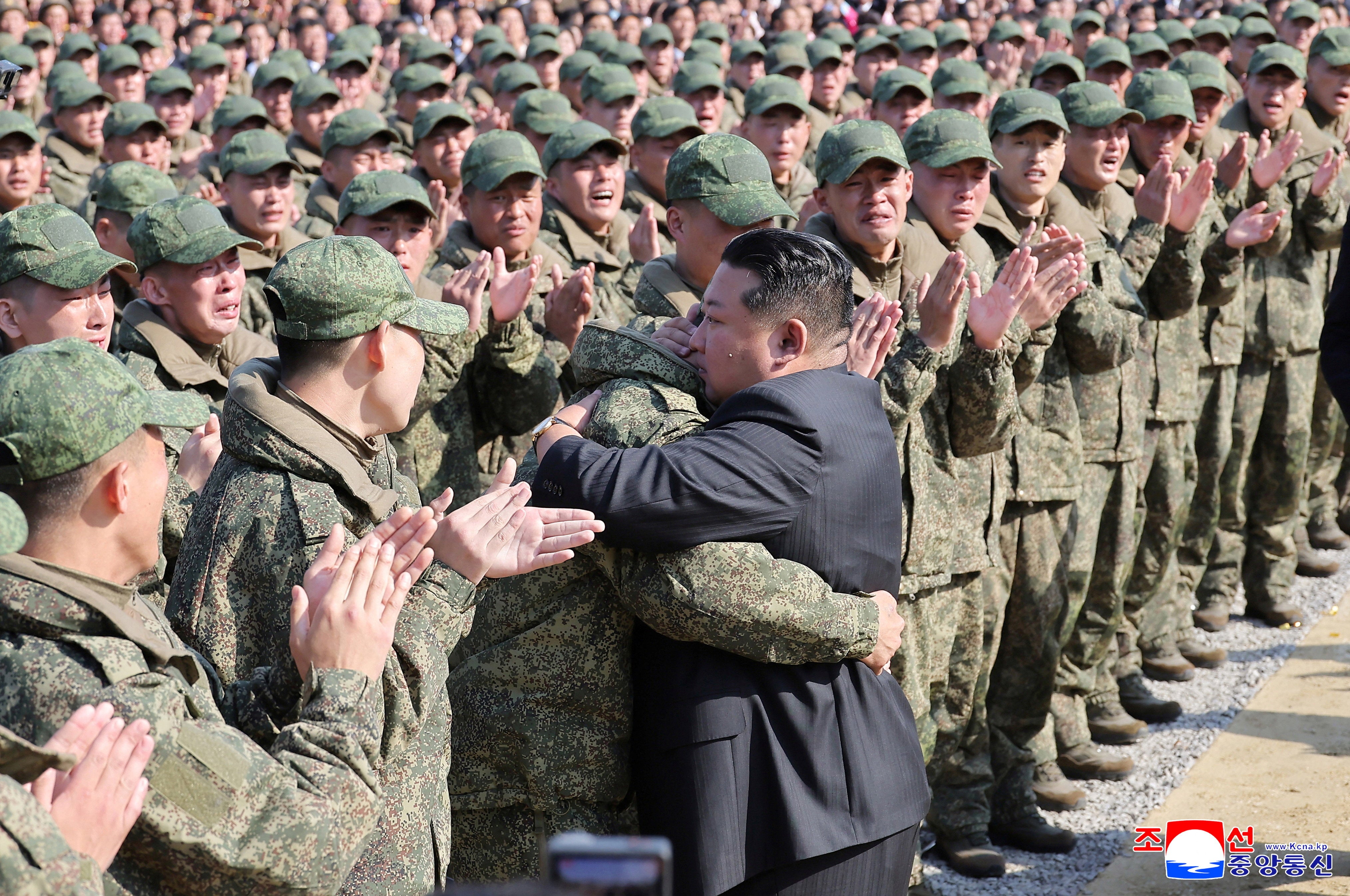 Kim Jong Un greets attendees at the groundbreaking ceremony of the Overseas Military Operations Battle Merit Memorial Hall for North Korean soldiers who fought alongside Russian forces to beat back a Ukrainian incursion into the Kursk region