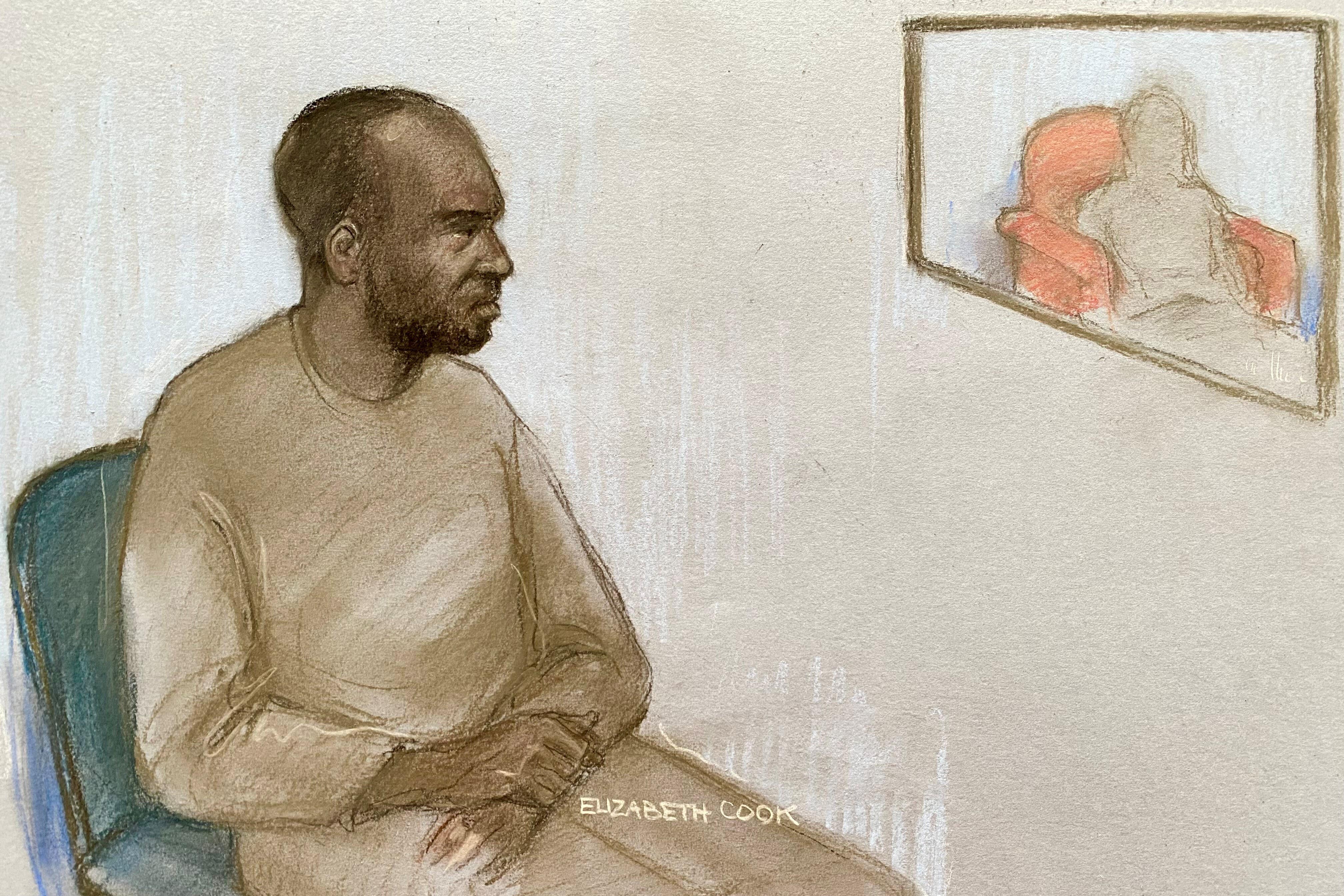 A court sketch of Hadush Kebatu during his trial where he was convicted of sexual assault on a girl