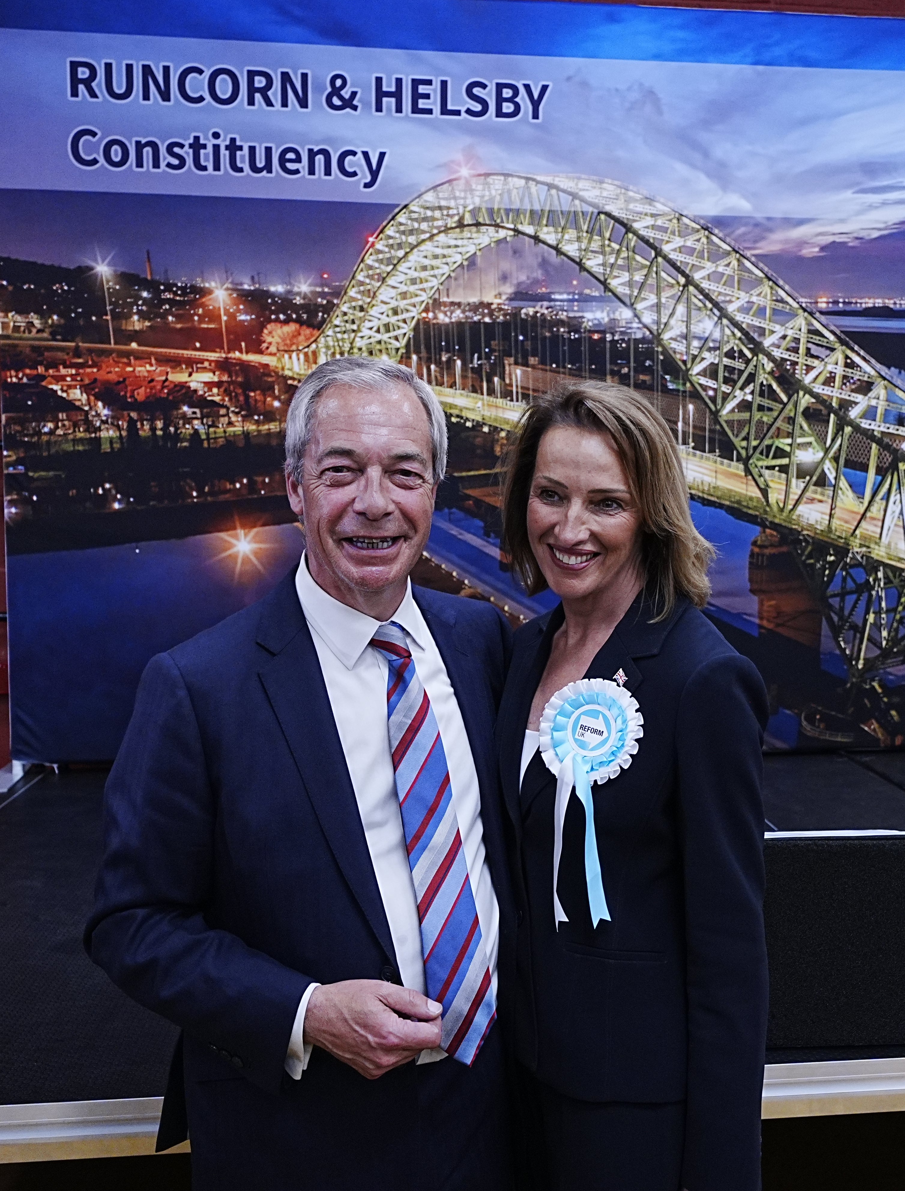 Nigel Farage with Sarah Pochin, who won the Runcorn and Helsby by-election earlier this year