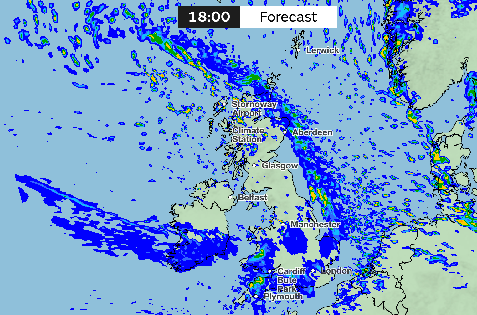 Rain forecast at 6pm on Sunday