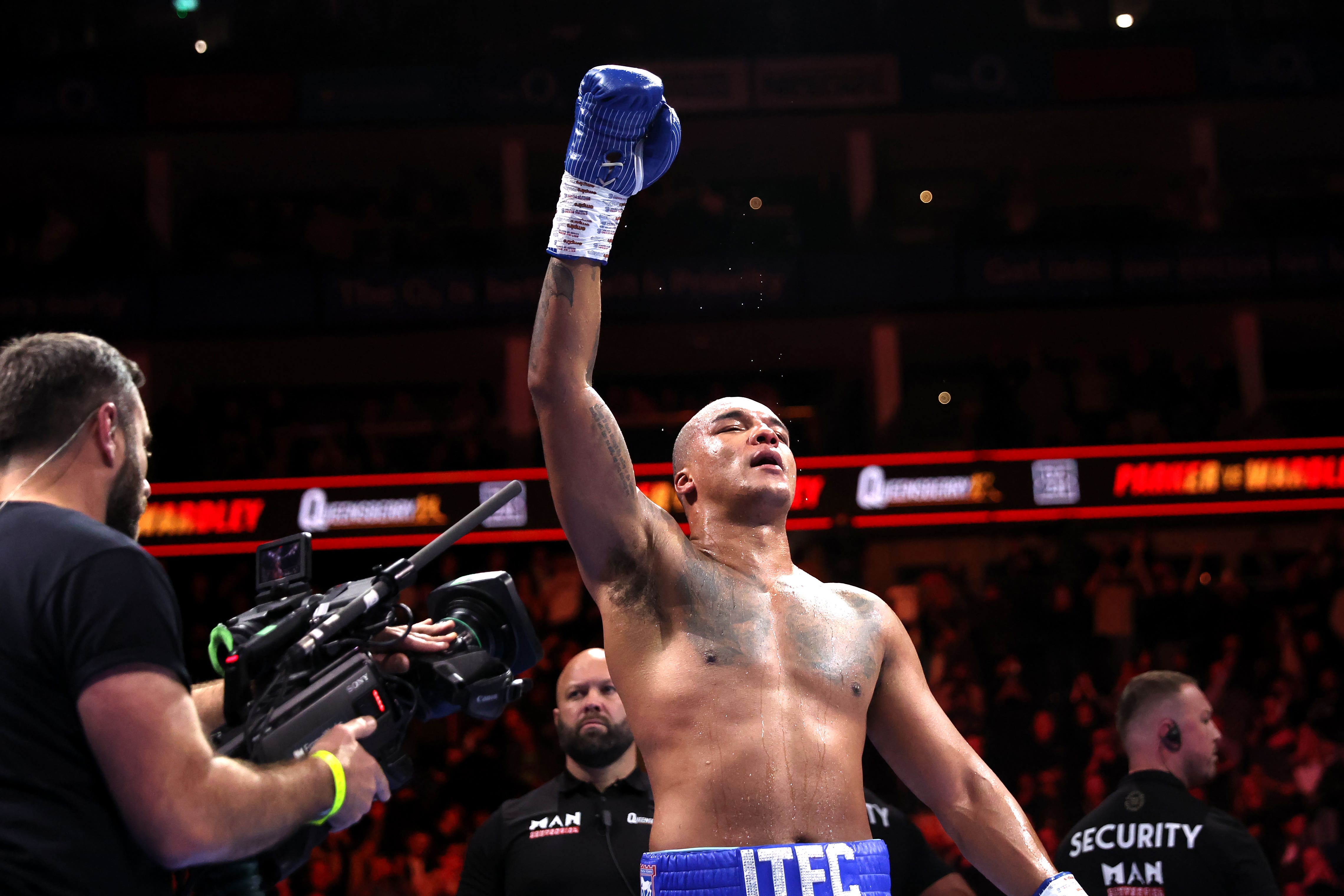 Fabio Wardley celebrates victory following the WBO heavyweight championship bout against Joseph Parker (not pictured) (Steven Paston/PA)