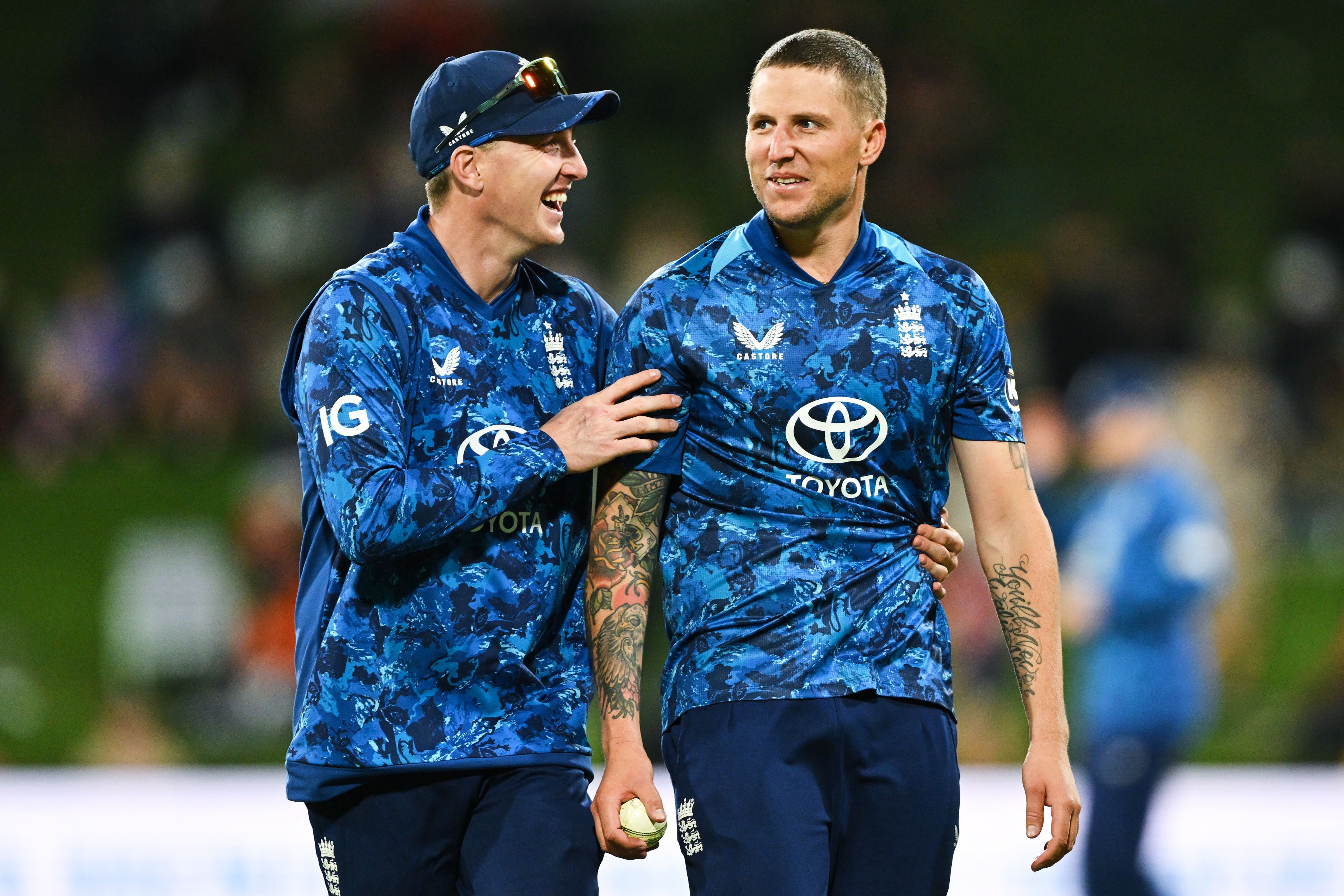 England captain Harry Brook, left, was the only top-seven batter to reach double figures (Andrew Cornaga/AP)