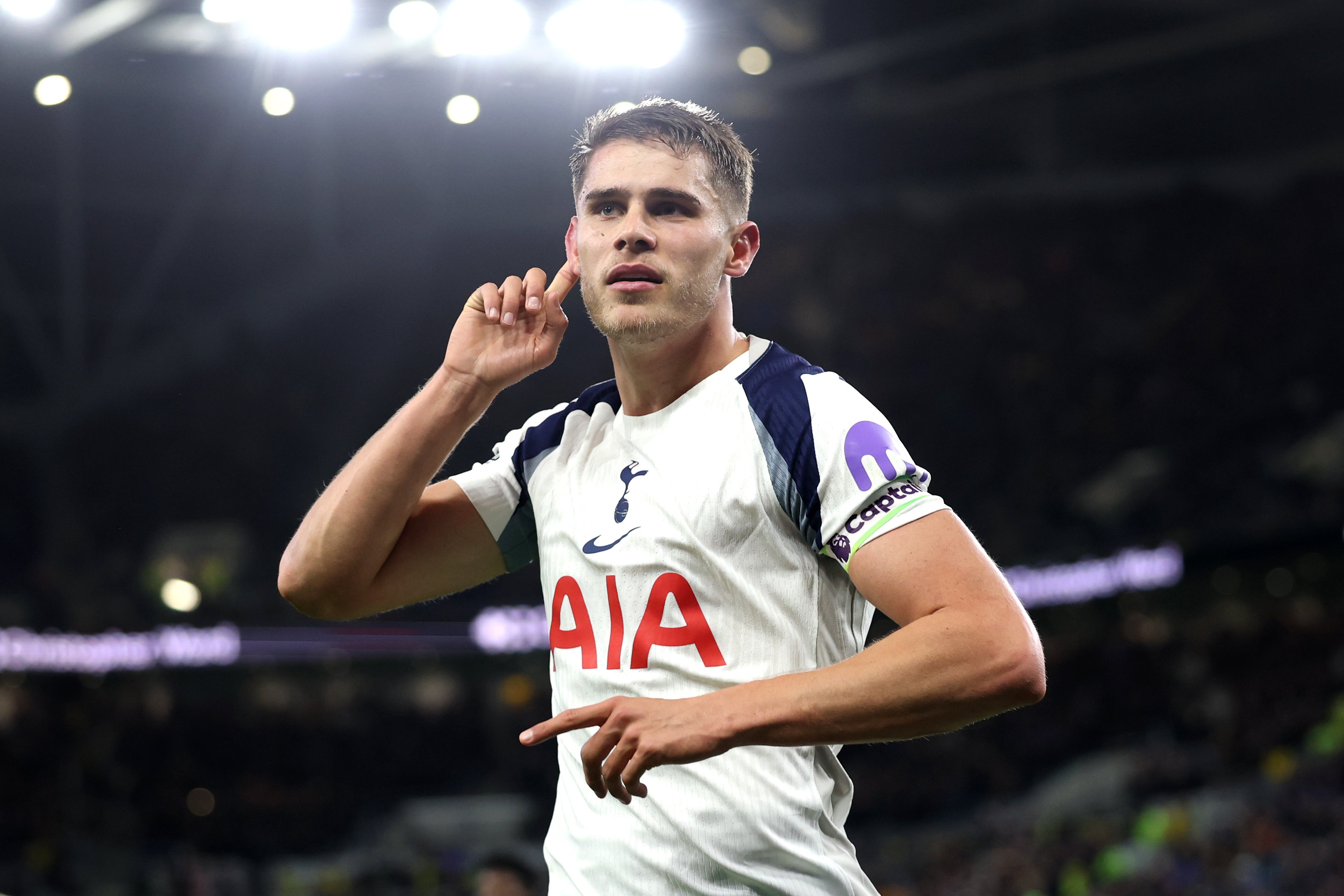 Micky van de Ven celebrates after scoring his, and Tottenham's, second goal of the game