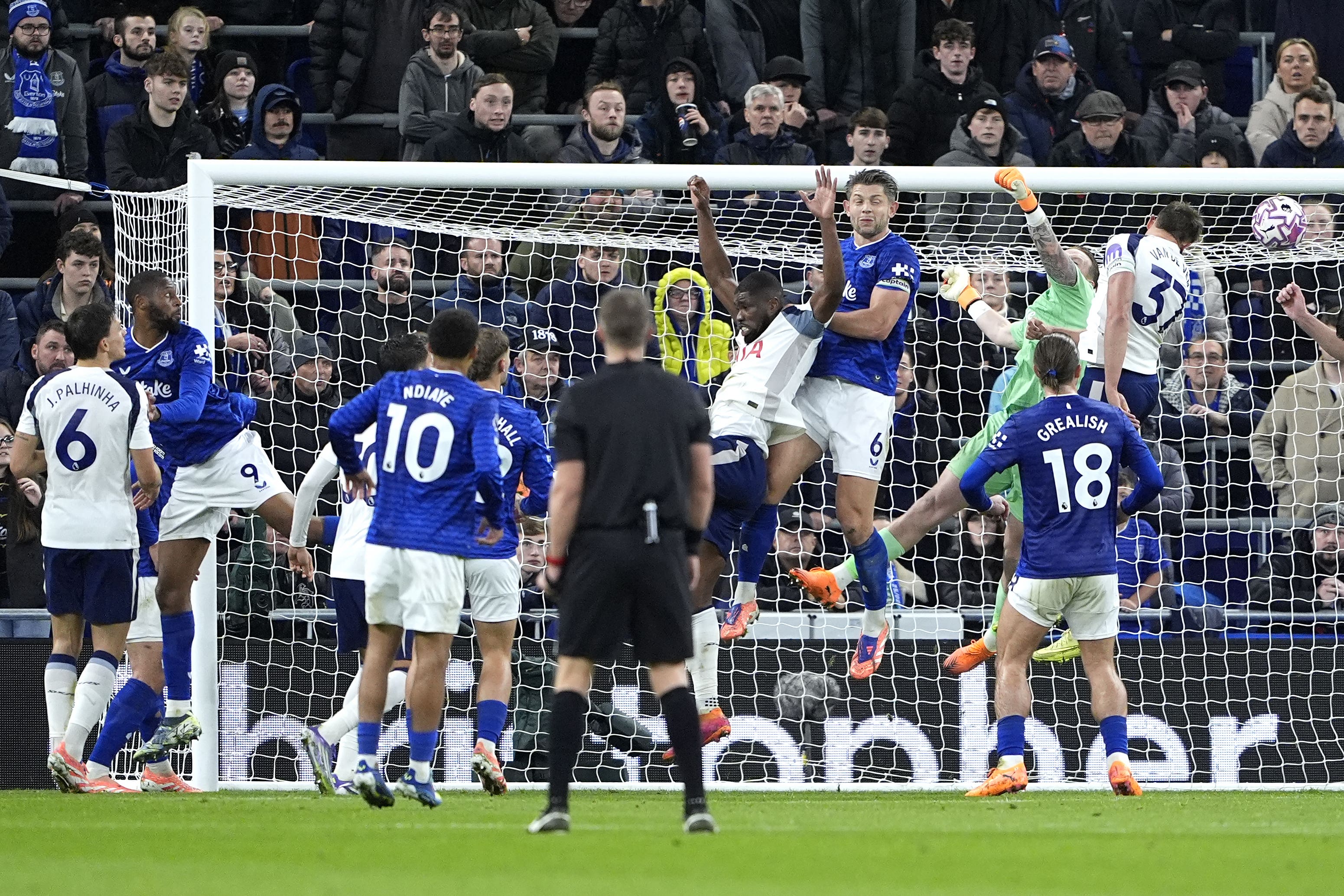 Micky van de Ven, right, scores his and Tottenham’s second goal (Peter Byrne/PA)