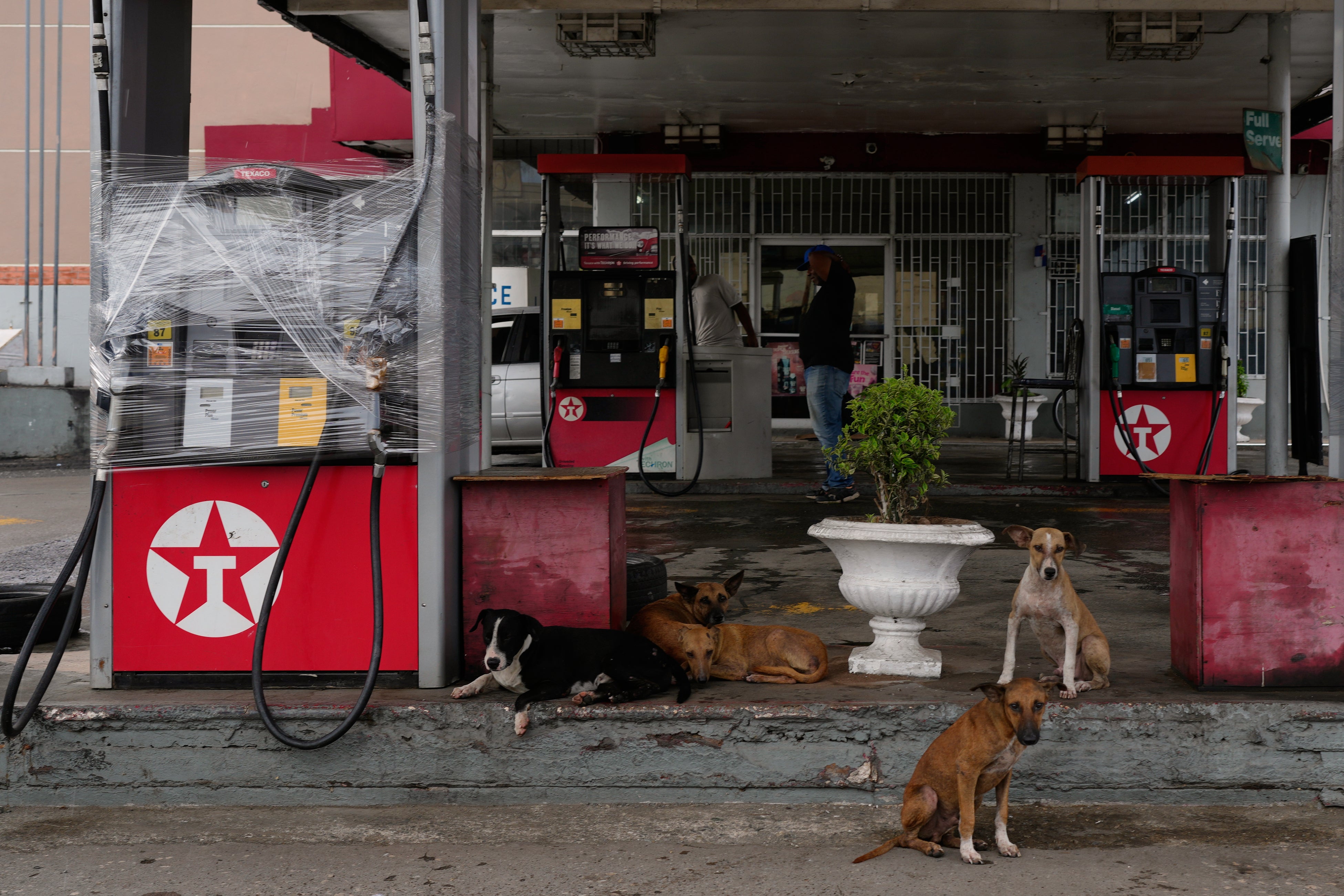 Fuel pumps are covered in plastic at a gas station ahead of the arrival of Hurricane Melissa in Kingston, Jamaica, Sunday, Oct. 26, 2025. (AP Photo/Matias Delacroix)