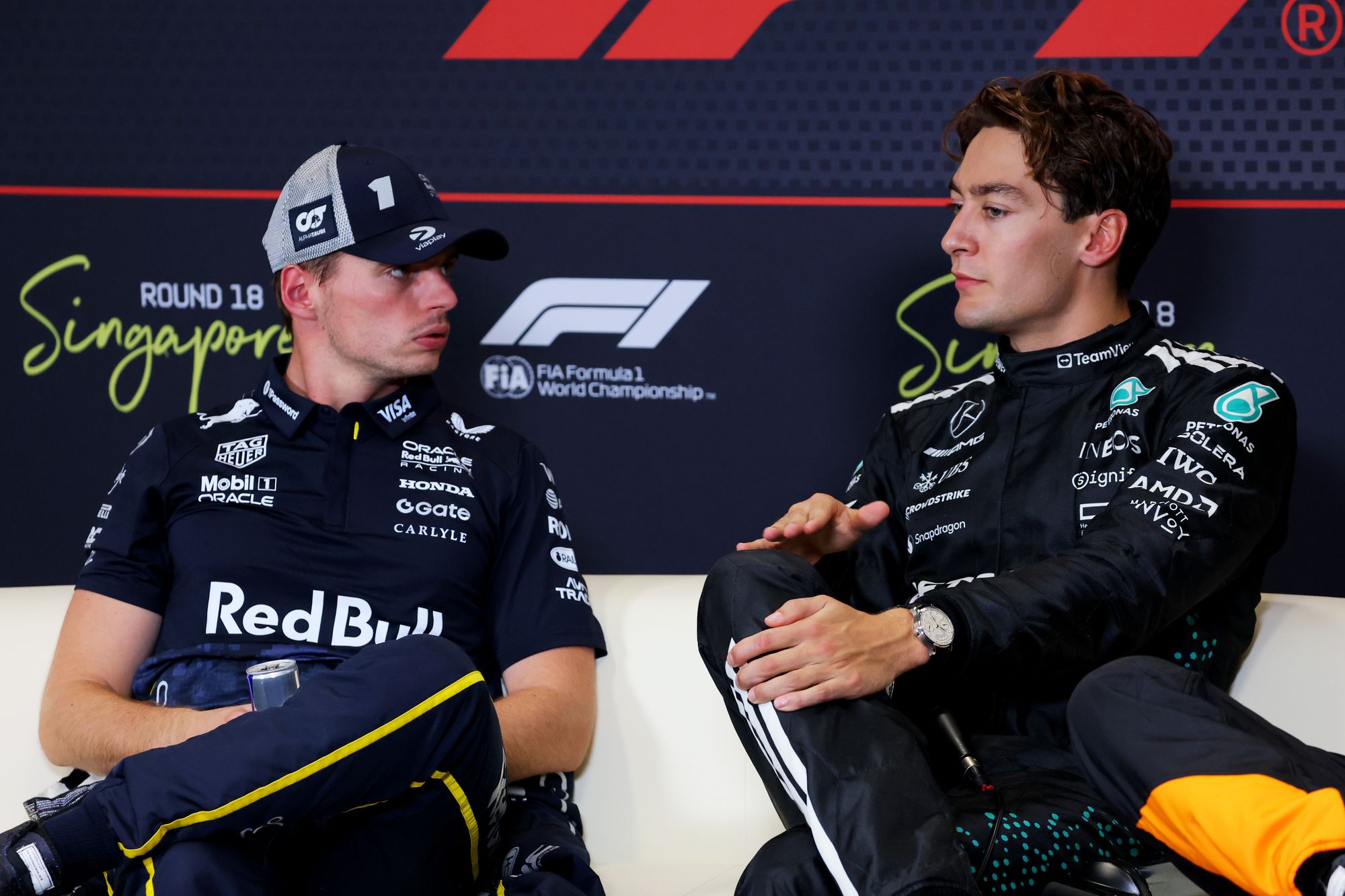 Russell and Max Verstappen (left) were embroiled in a row at the end of the 2024 season