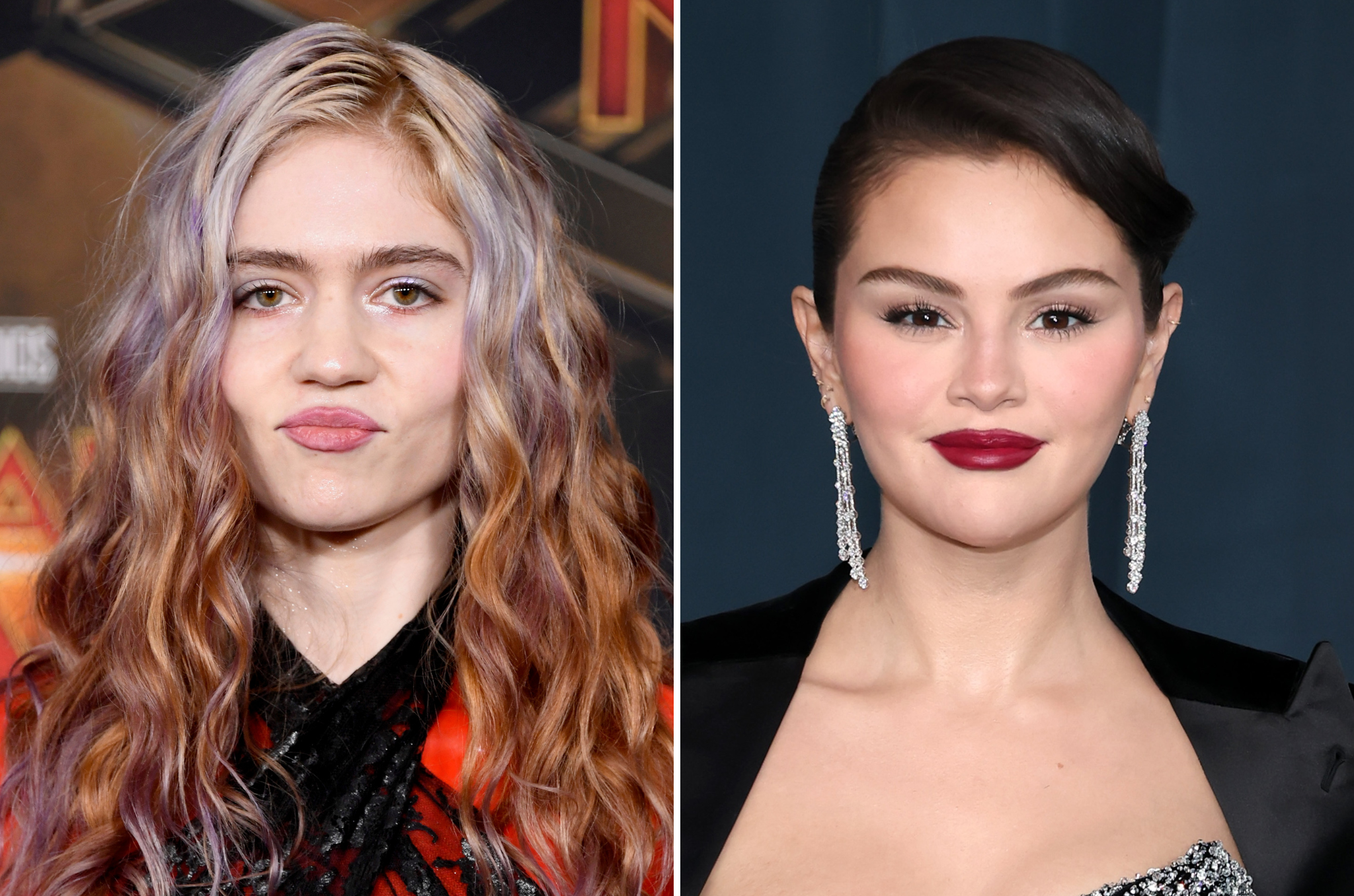 Grimes (left) defended Selena Gomez (right) against 'disturbing' online 'bullying' aimed at her latest music video