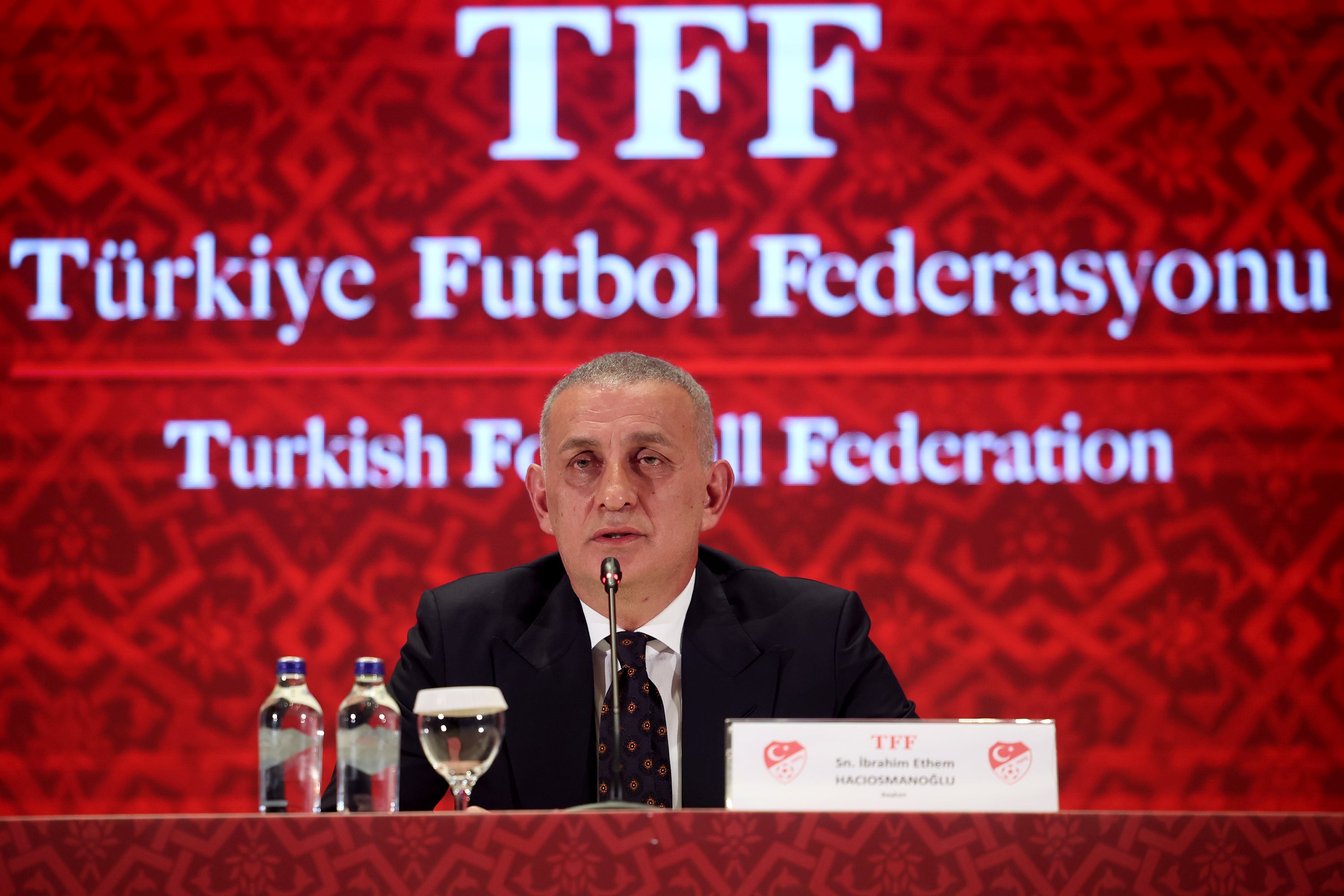 Turkish Football Federation president Ibrahim Haciosmanoglu talks during a news conference, in Istanbul on Monday