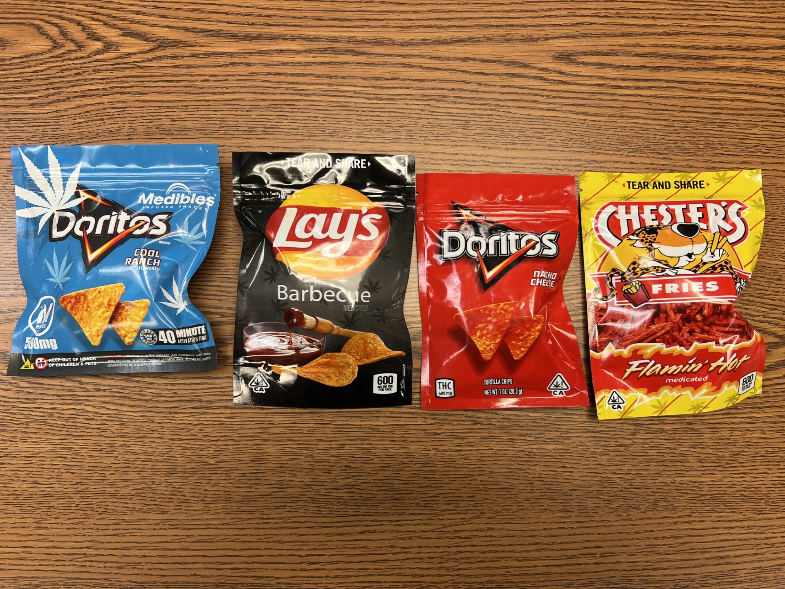 Fake snack packs seized by the Warren Police Department on the outskirts of Detroit, actually containing THC