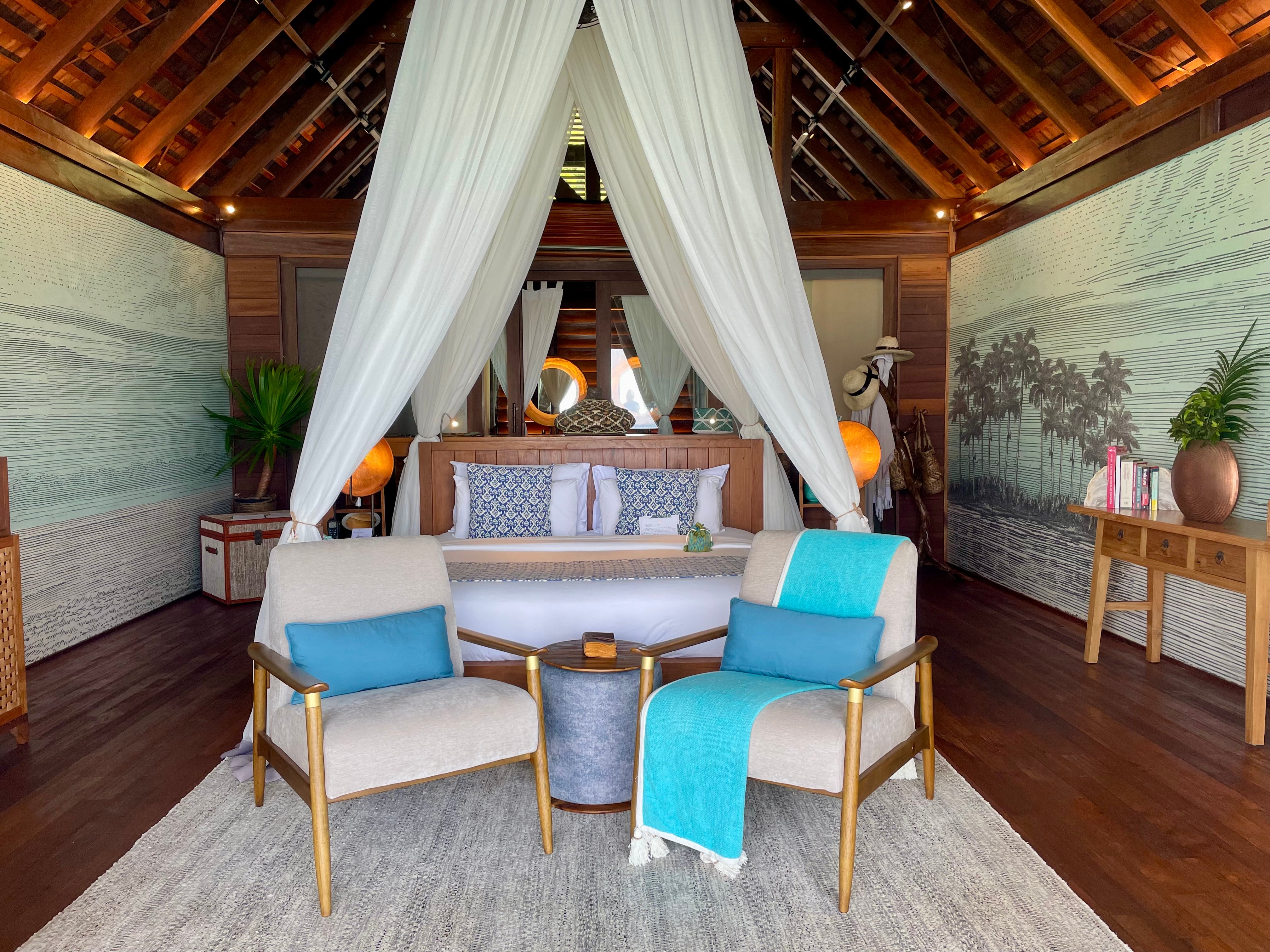 Overwater villas at Bawah Reserve are all made from materials sourced locally as far as possible, and water is warmed by solar power