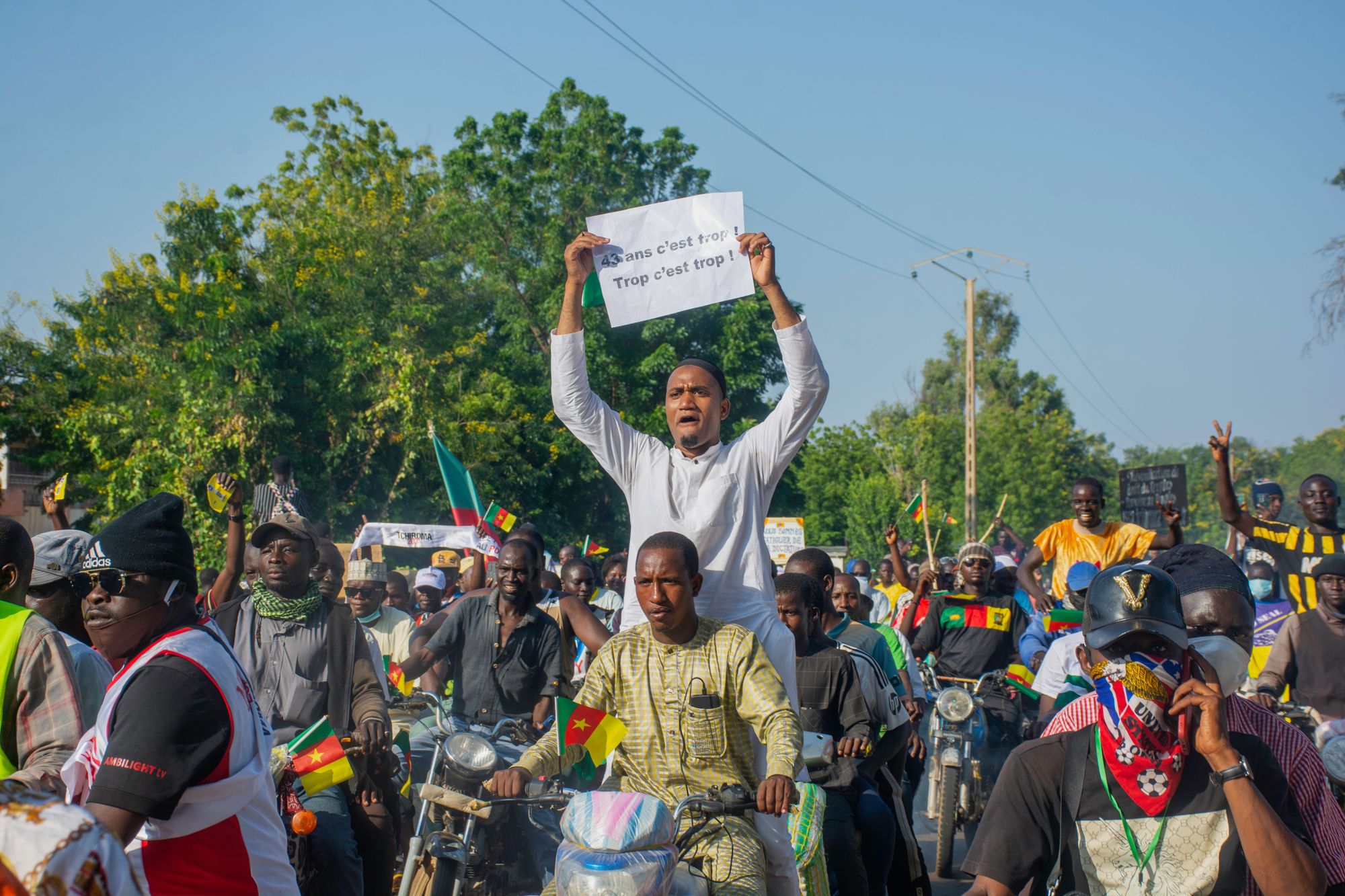 Supporters of opposition presidential candidate Issa Tchiroma, protest on the streets of Garoua, Cameroon, Sunday, Oct. 26, 2025