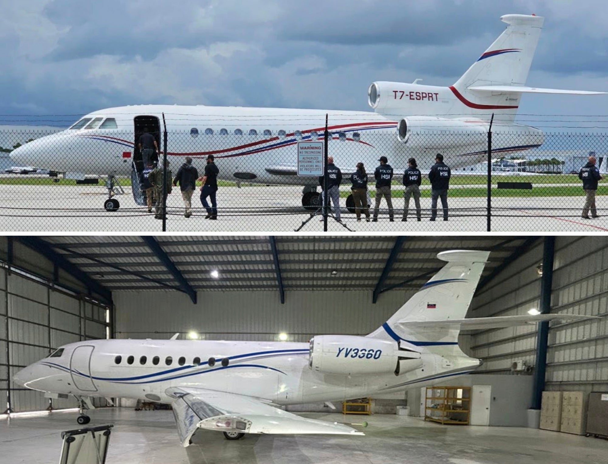 A Dassault Falcon 900 EX, with the tail number T7-ESPRT, that was seized in Santo Domingo, Dominican Republic, at the request of the United States in May 2024, top, and a Dassault Falcon 2000EX, with the tail number YV3360, seized in Santo Domingo at the request of the United States in February 2025
