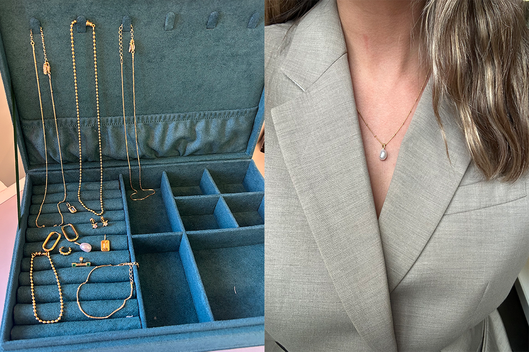 The jewellery is packaged in a reusable green box