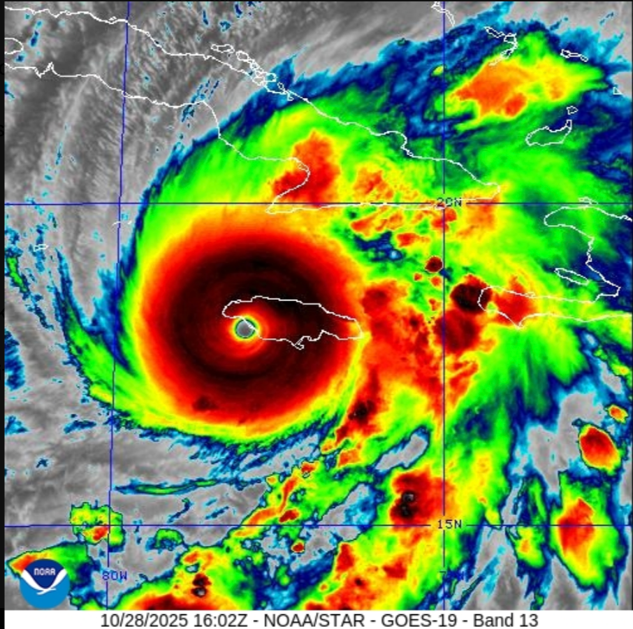 The eye of Hurricane Melissa approaches the southwestern coast of Jamaica