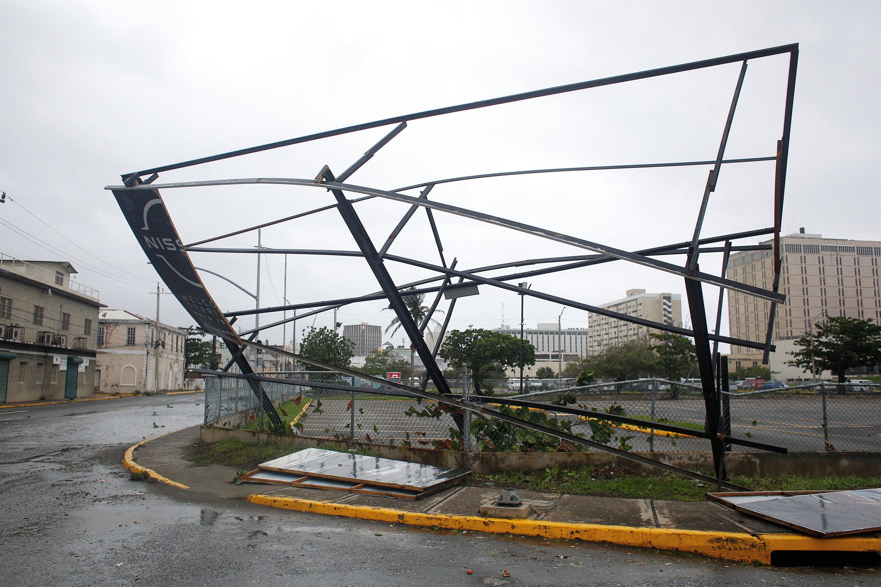 A partially collapsed hoarding frame, as Hurricane Melissa approaches, in downtown Kingston, Jamaica