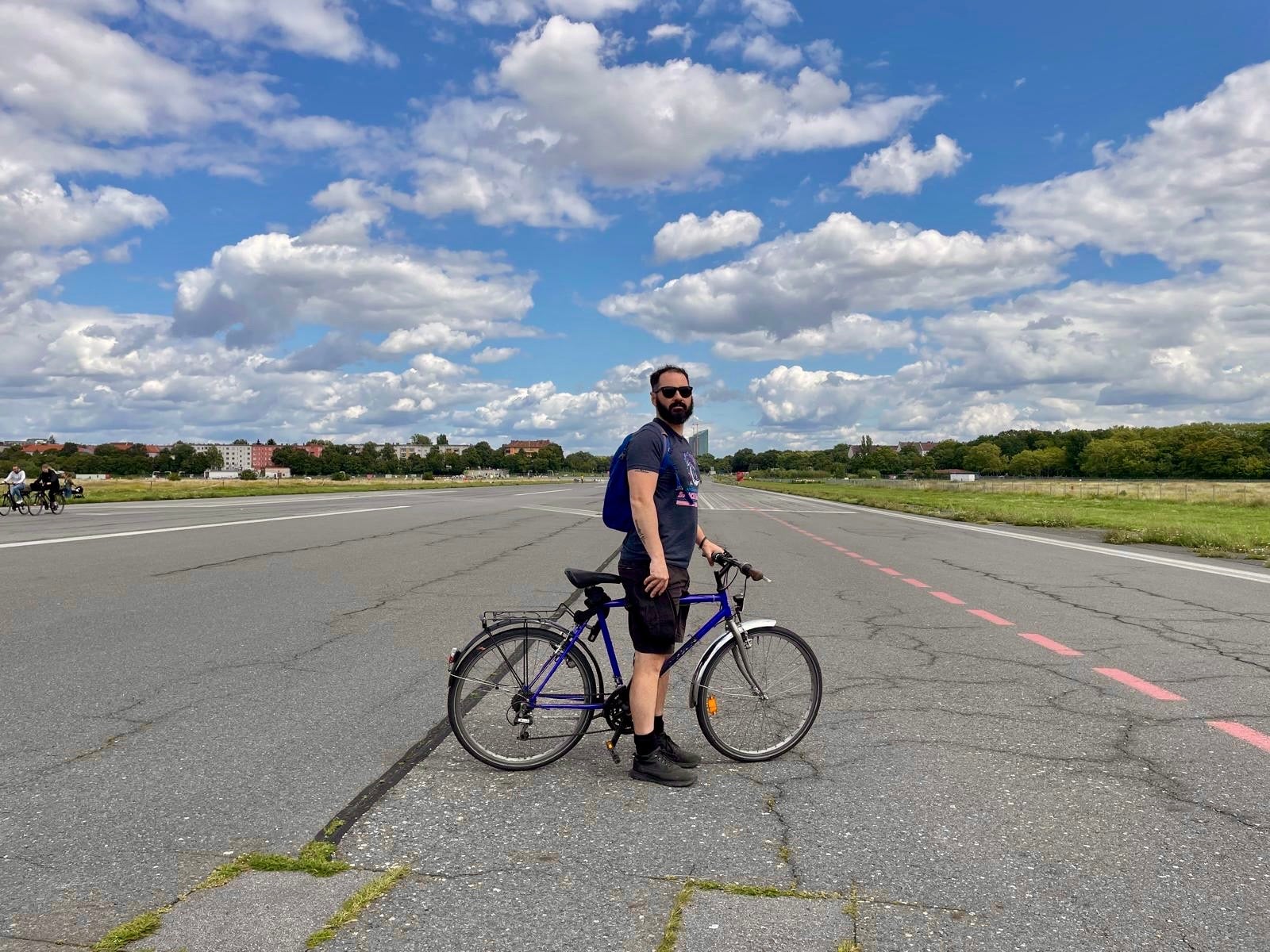 James cycling through Tempelhof Airfield, which was used in the late Forties to fly supplies into West Berlin