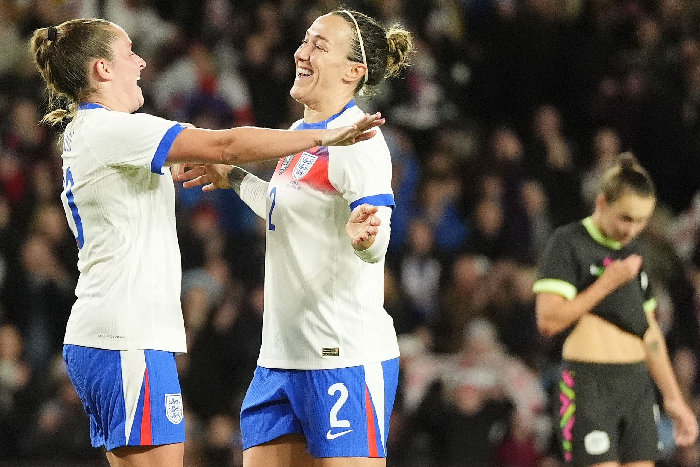 Lucy Bronze celebrates her goal with Ella Toone