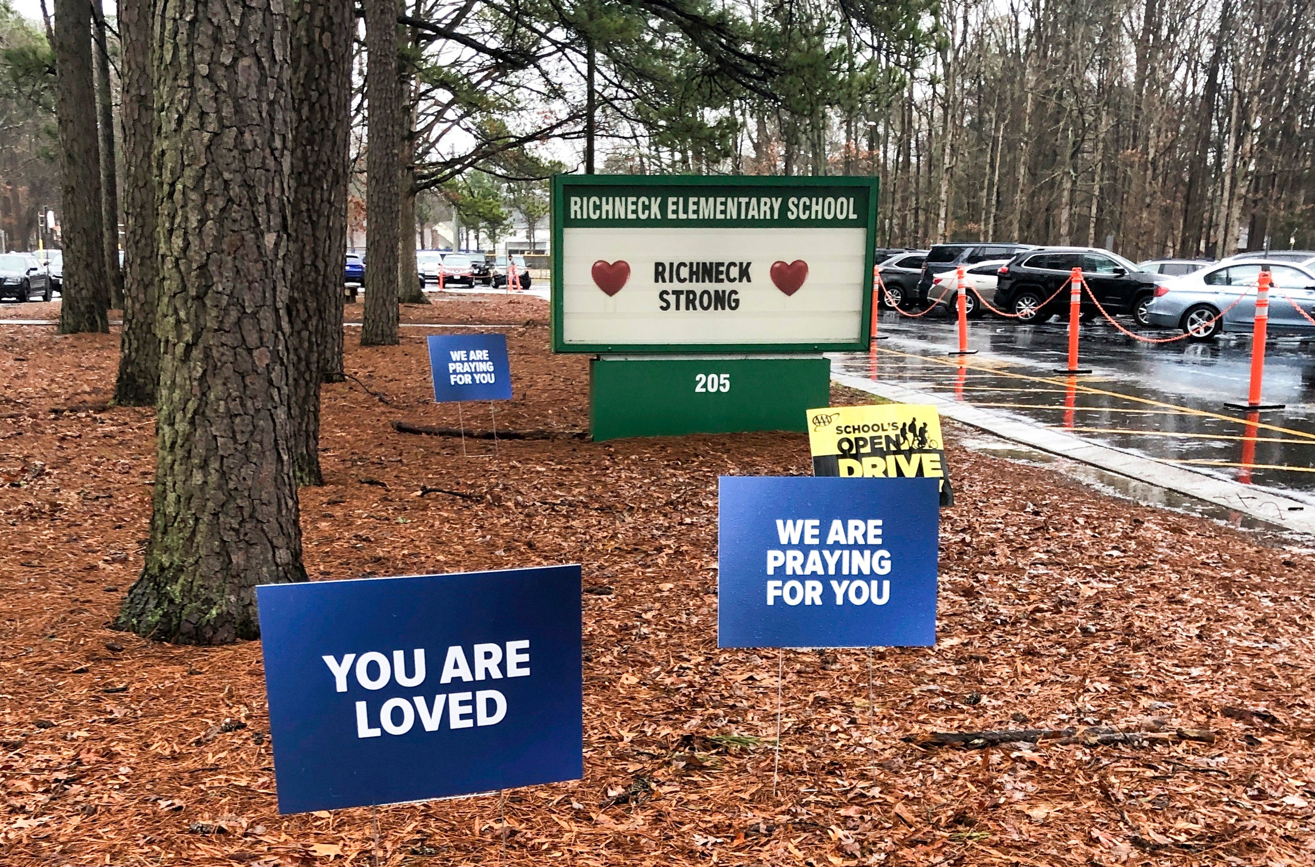 Signs at Richneck Elementary School in Newport News after the shooting in 2023