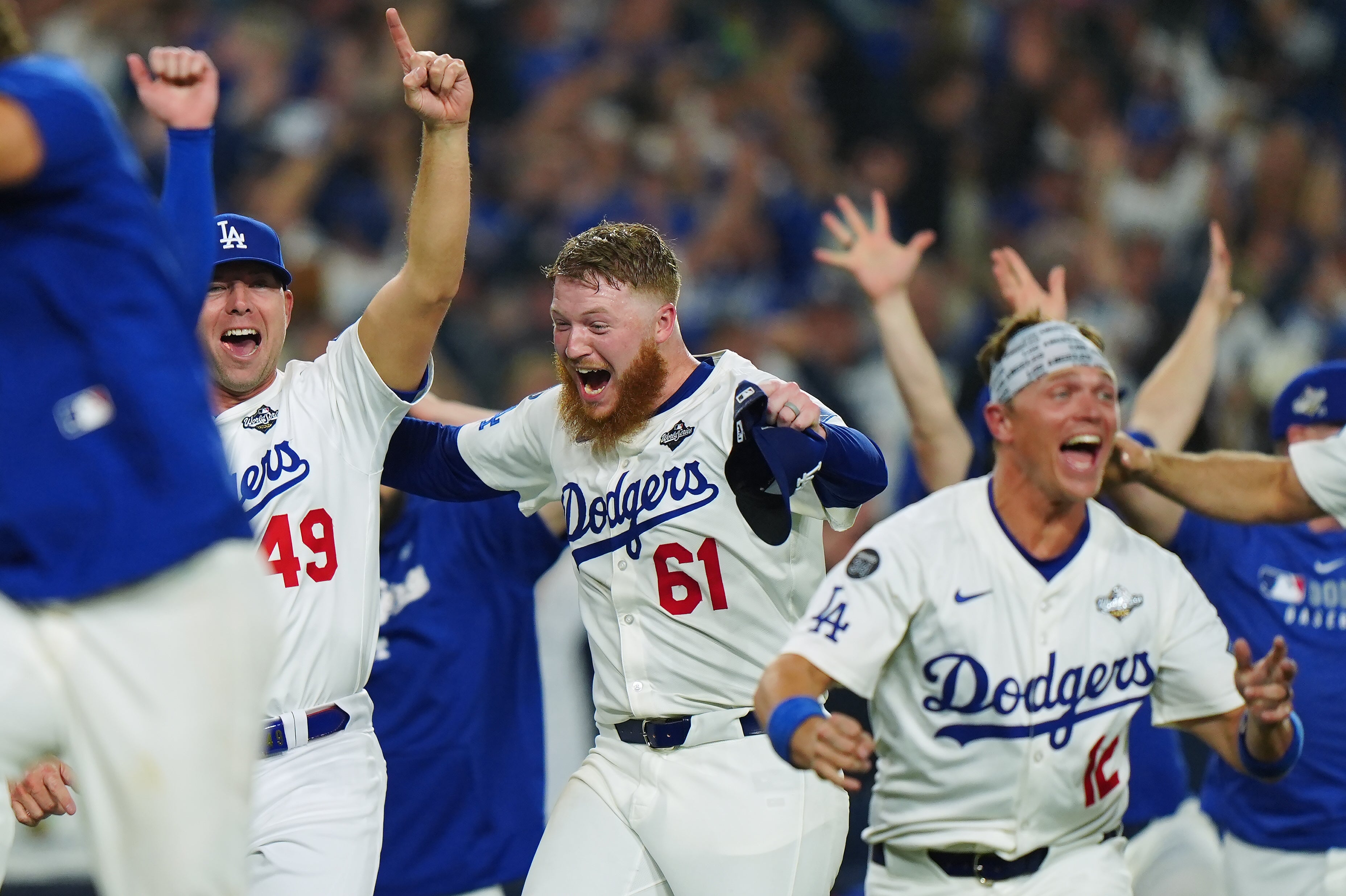 Winning Los Angeles Dodgers pitcher Will Klein celebrates following a record-breaking World Series game