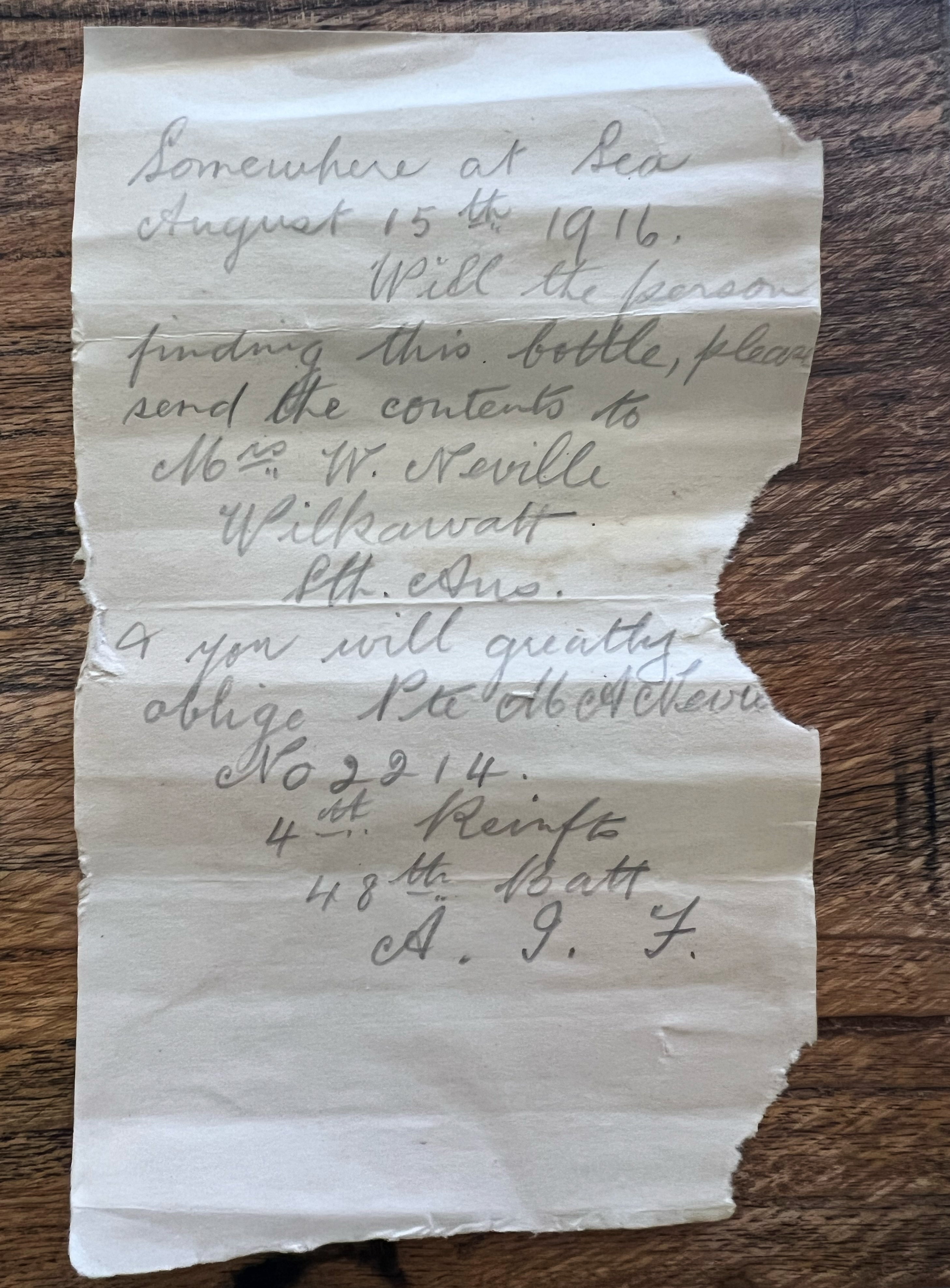 The letter discovered in a bottle in Condingup, Australia