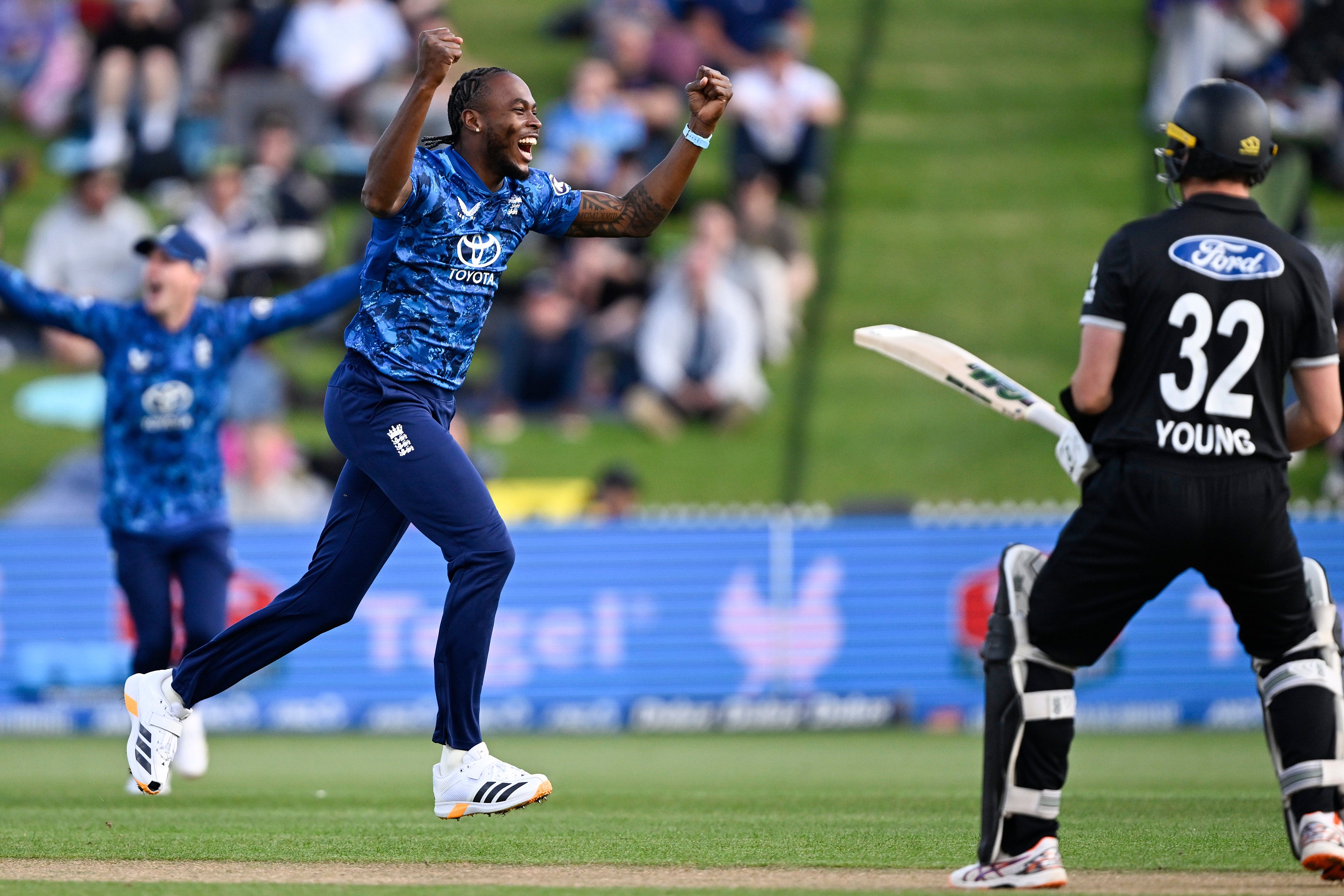 Jofra Archer, left, was in fine form with three wickets (Andrew Cornaga/Photosport via AP/PA)