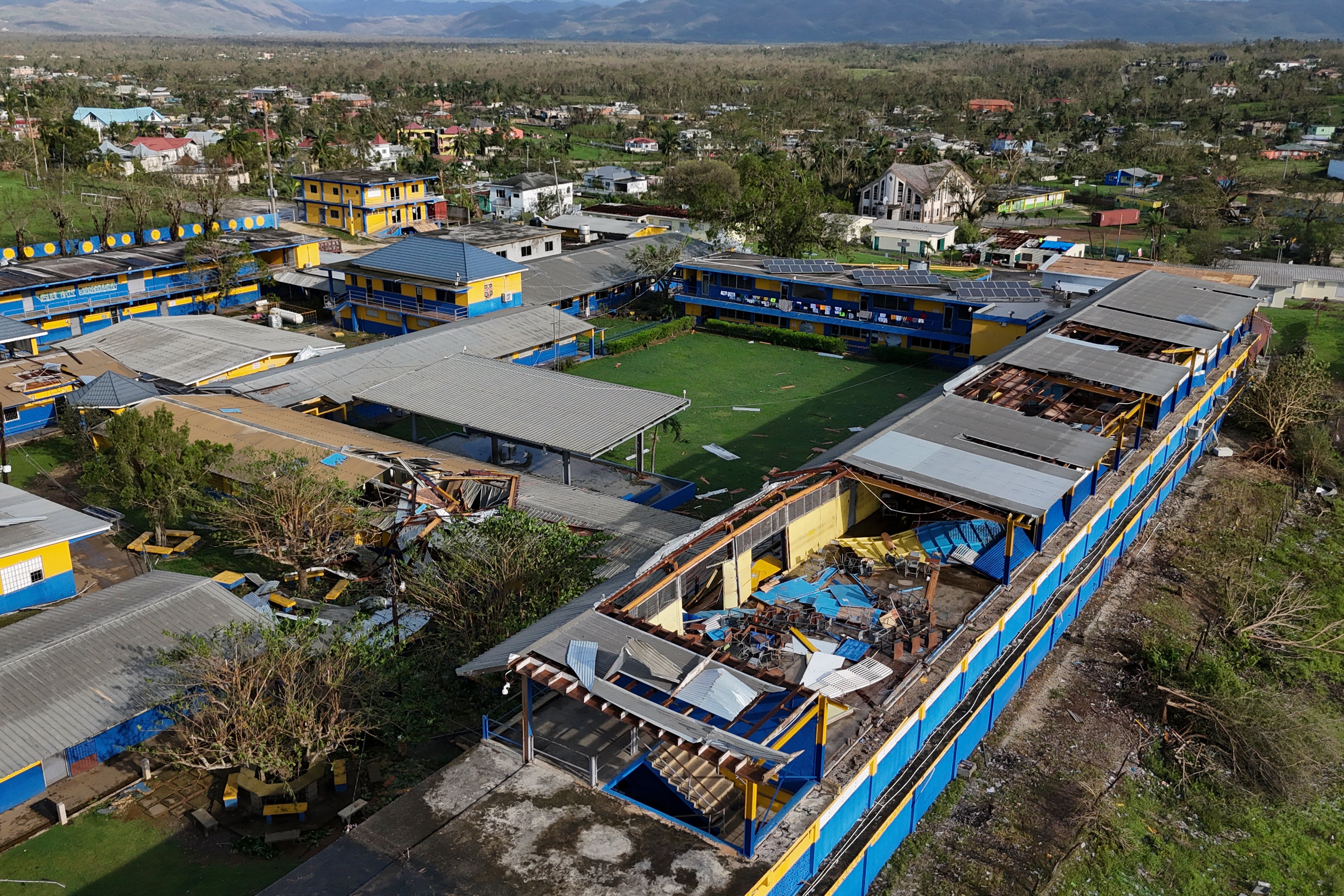Parts of the roof of the St Elizabeth Technical High School are missing in Santa Cruz, Jamaica