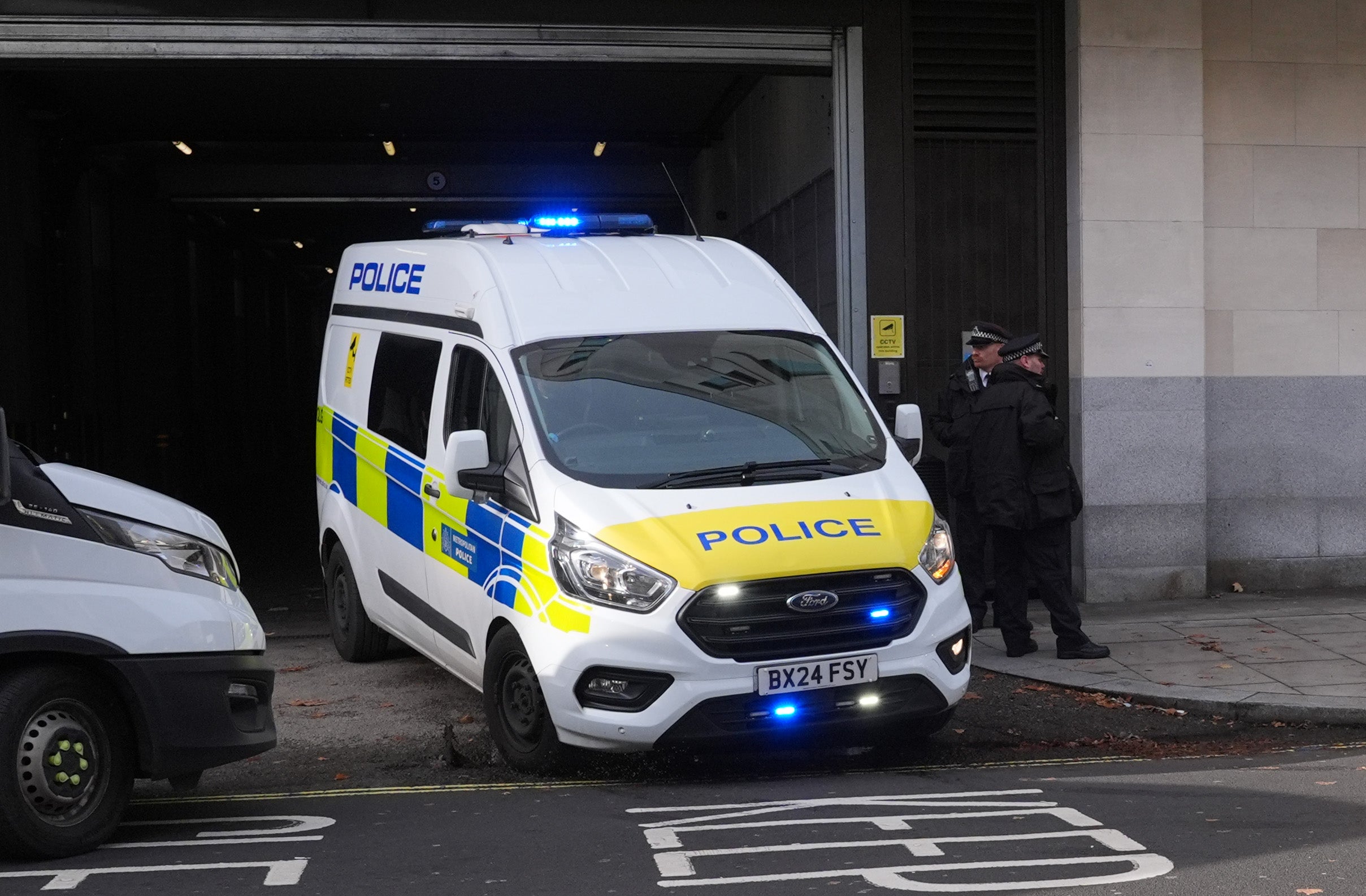 A police van believed to be carrying Safi Dawood leaving Westminster Magistrates’ Court