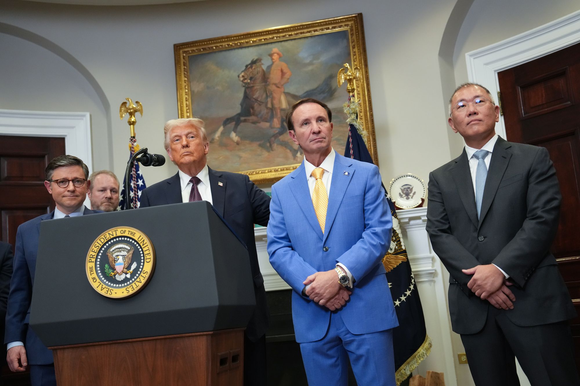 Louisiana Gov. Jeff Landry at the White House with President Donald Trump and House Speaker Mike Johnson on March 24 2025