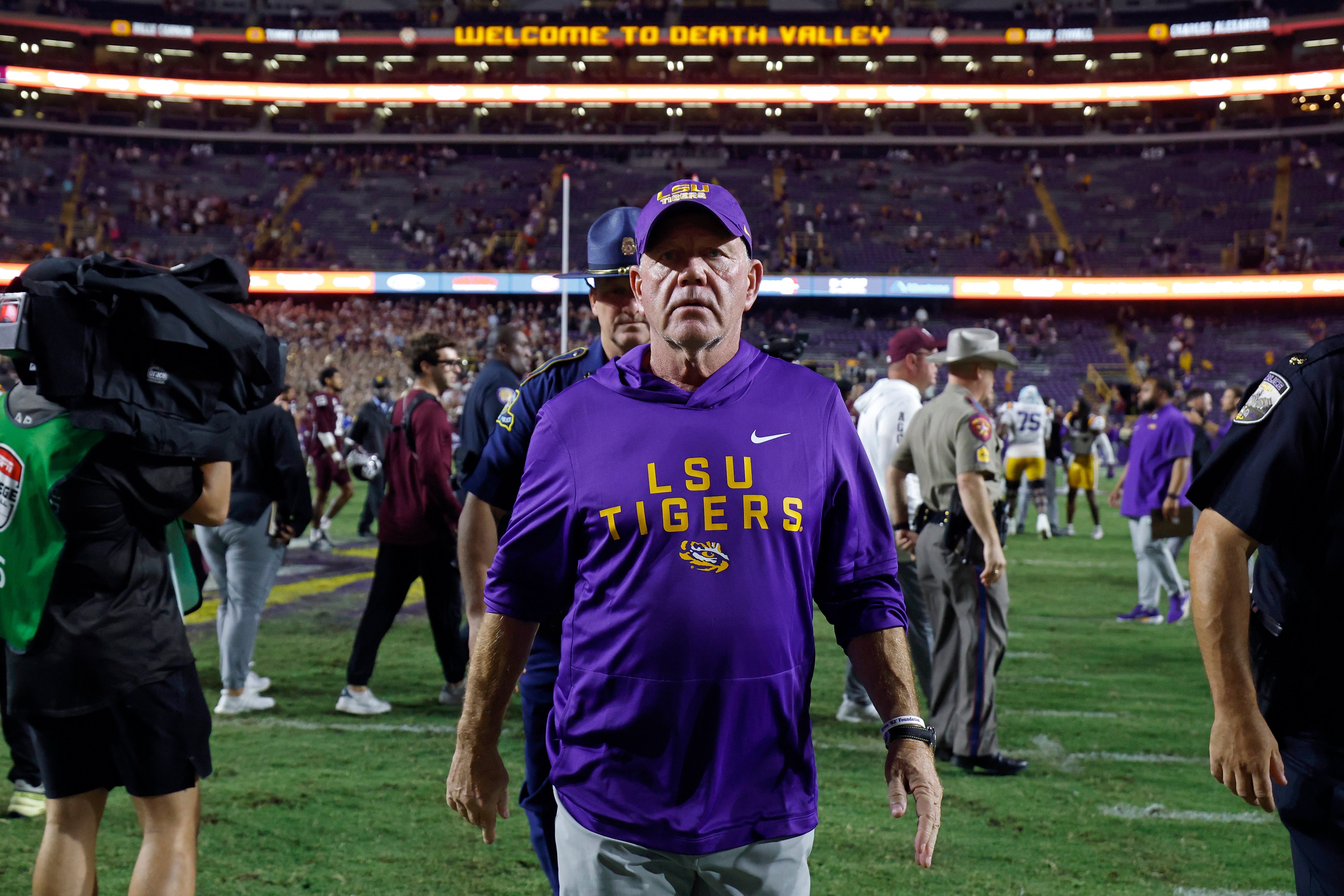 Departing head coach Brian Kelly of the LSU Tigers leaves the field after his final game against the Texas A&M Aggies at Tiger Stadium in Baton Rouge, Louisiana, on October 25 2025